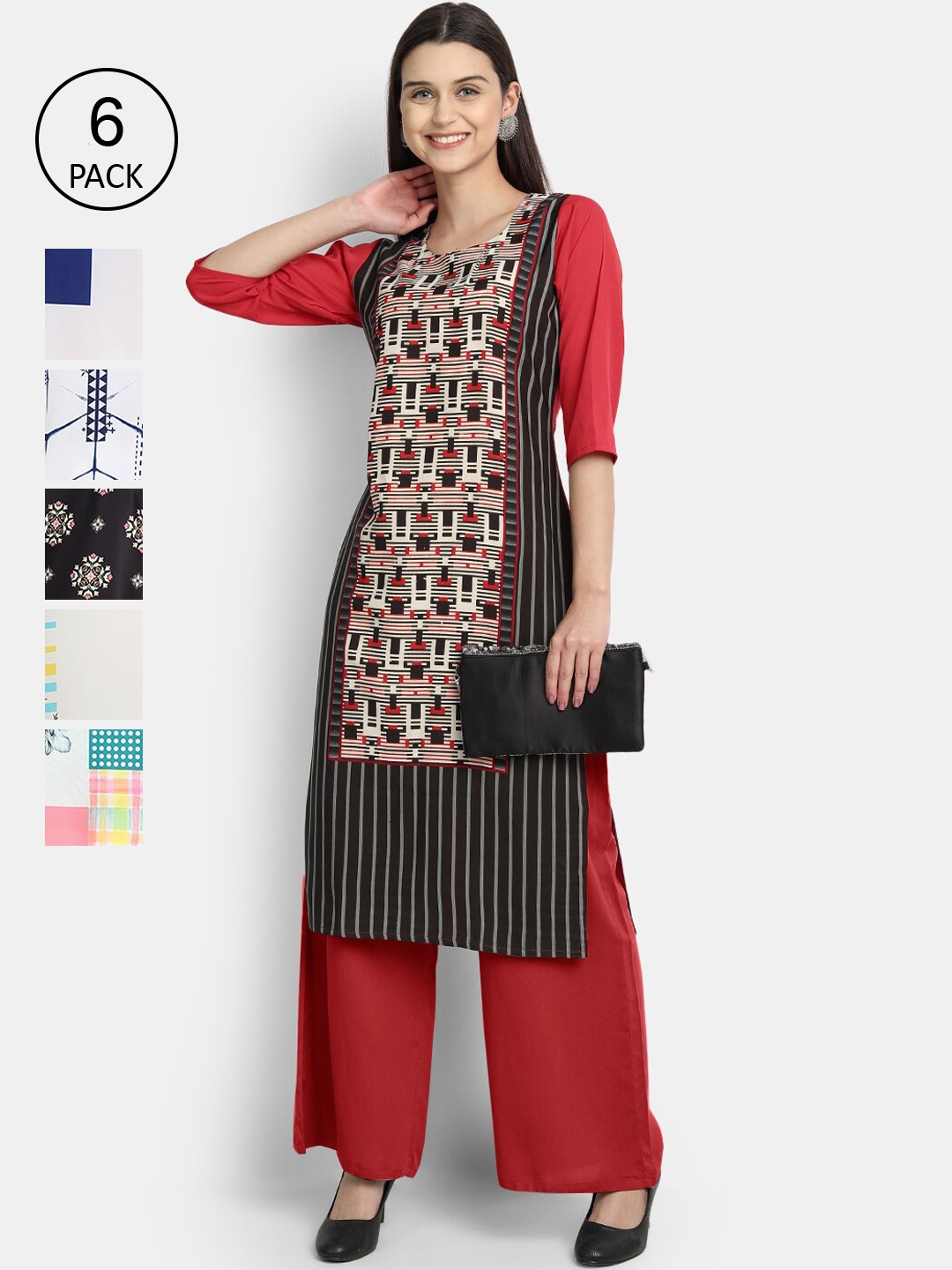 

7Threads Woman Pack of 6 Multicoloured Ethnic Motifs Printed Crepe Kurta, Multi