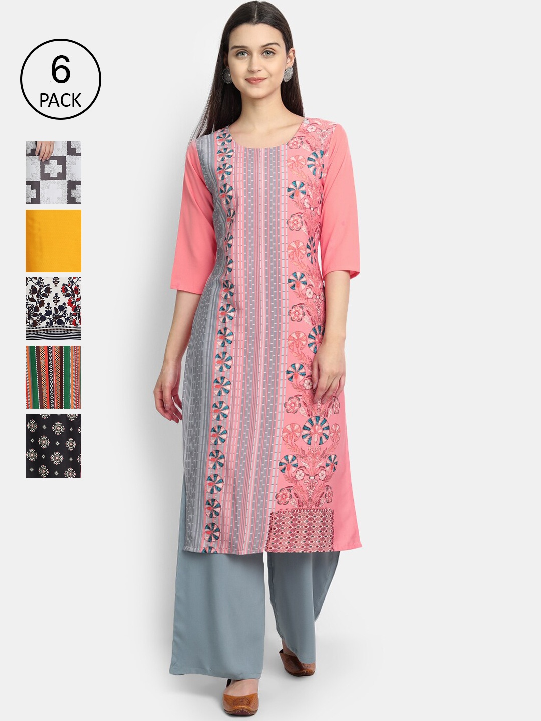 

7Threads Women Pack of 6 Printed Crepe Kurta, Multi