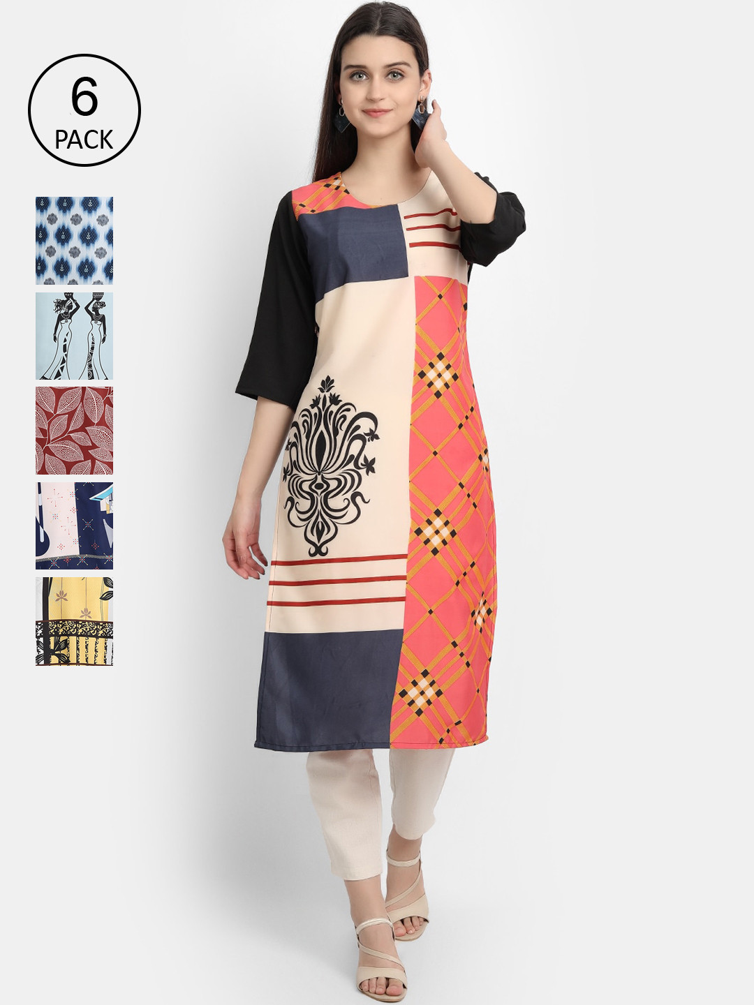 

7Threads Women Pack Of 6 Ethnic Motifs Printed Crepe Kurta, Yellow