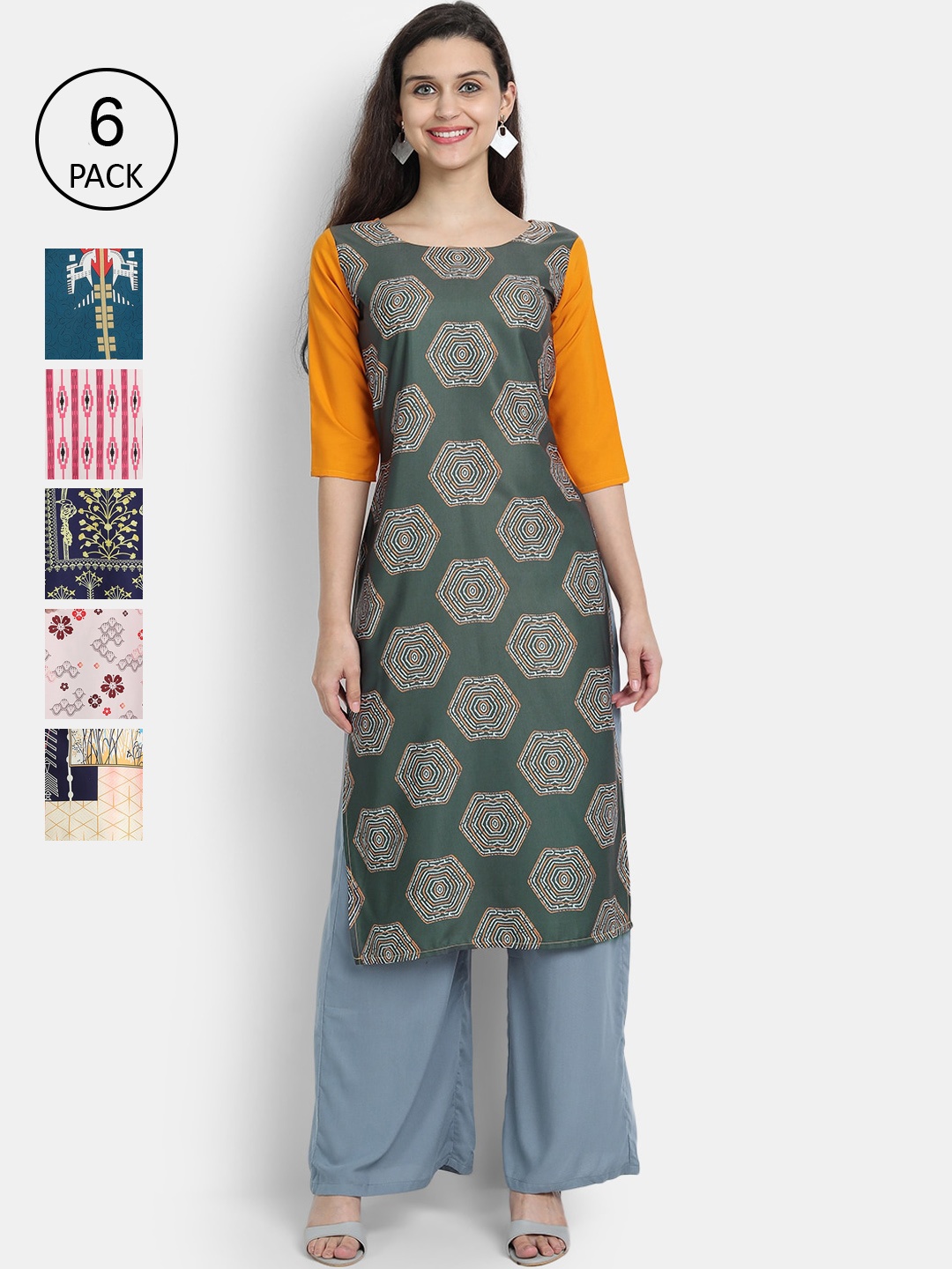

7Threads Women Pack of 6 Ethnic Motifs Printed Crepe Kurta, Green