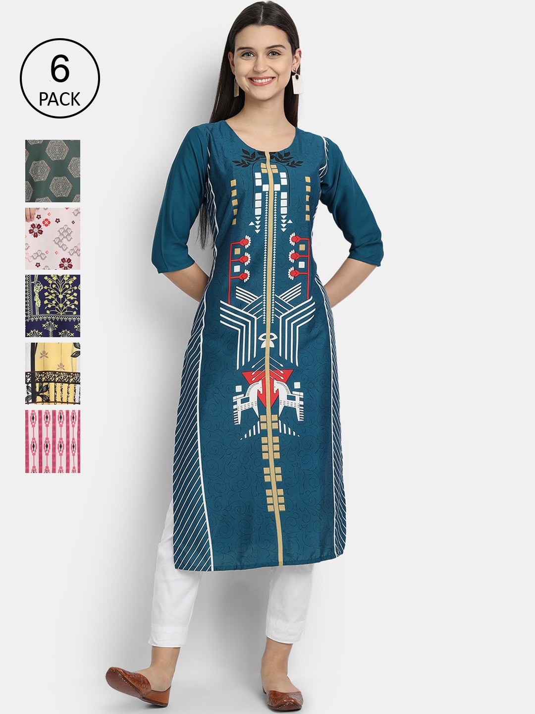 

7Threads Women Pack Of 6 Multicoloured Ethnic Motifs Printed Crepe Kurta, Multi