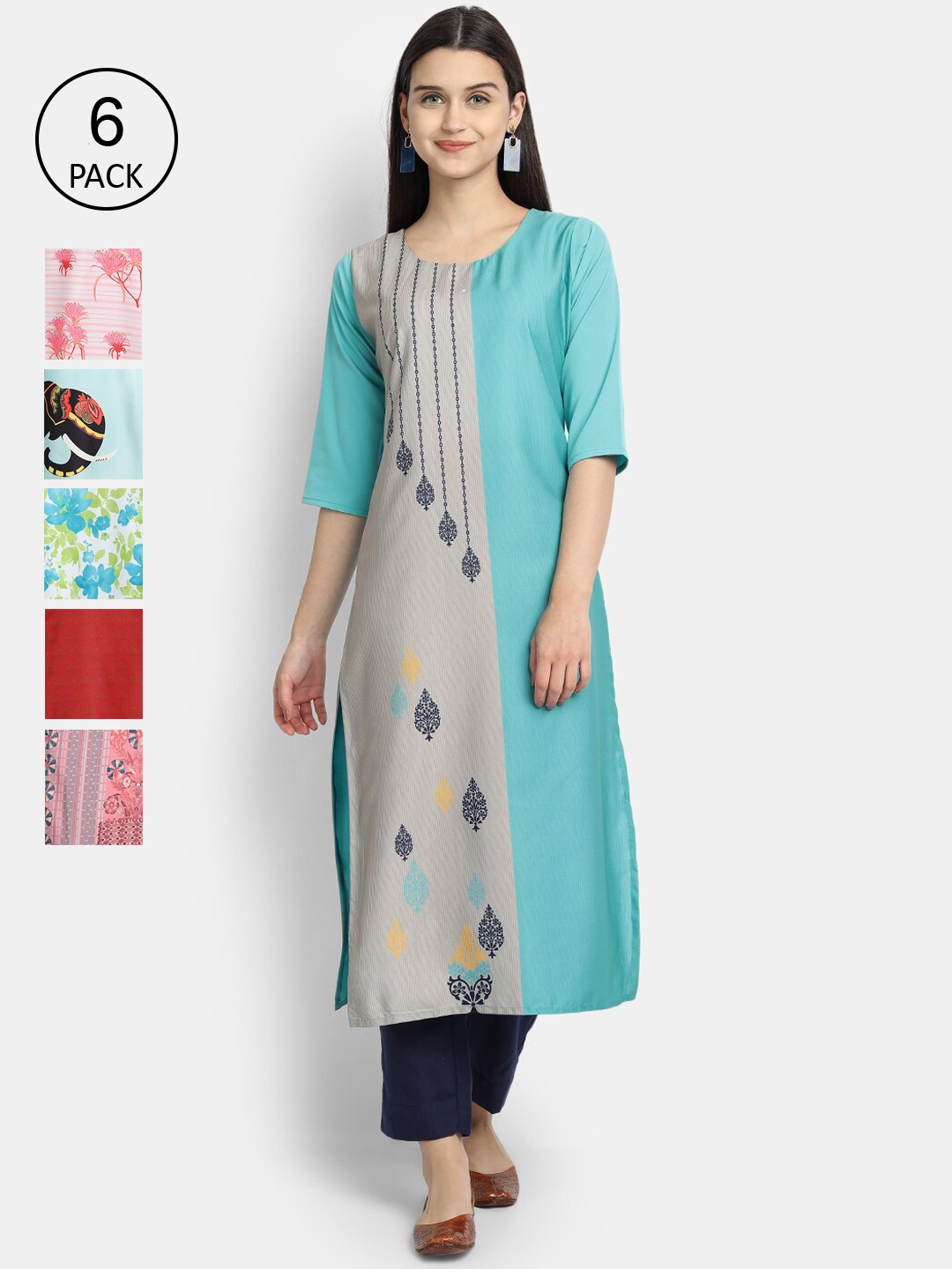 

7Threads Women Pack of 6 Printed Crepe Kurta, Multi