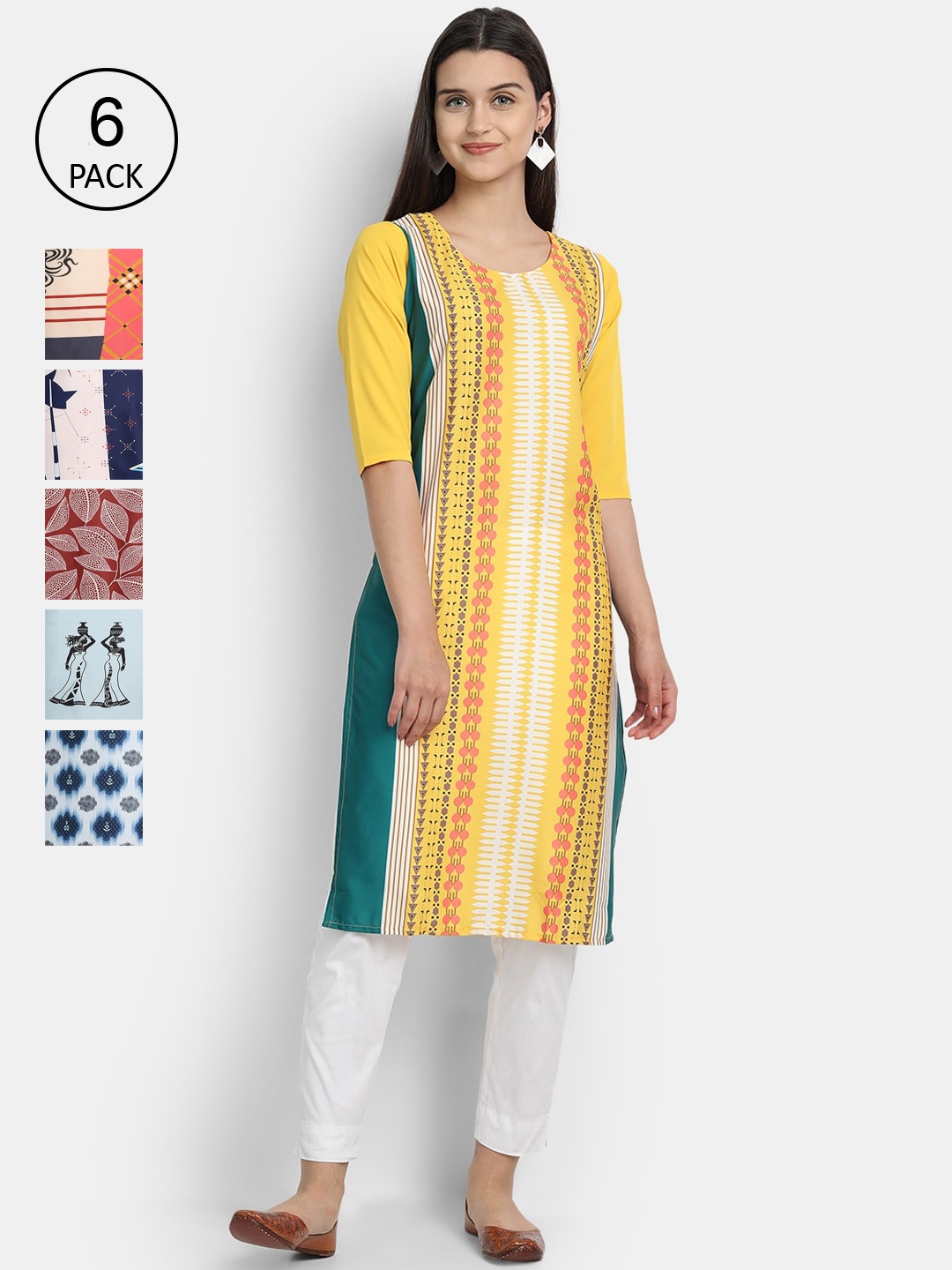 

7Threads Women Pack Of 6 Printed Crepe Kurta, Yellow
