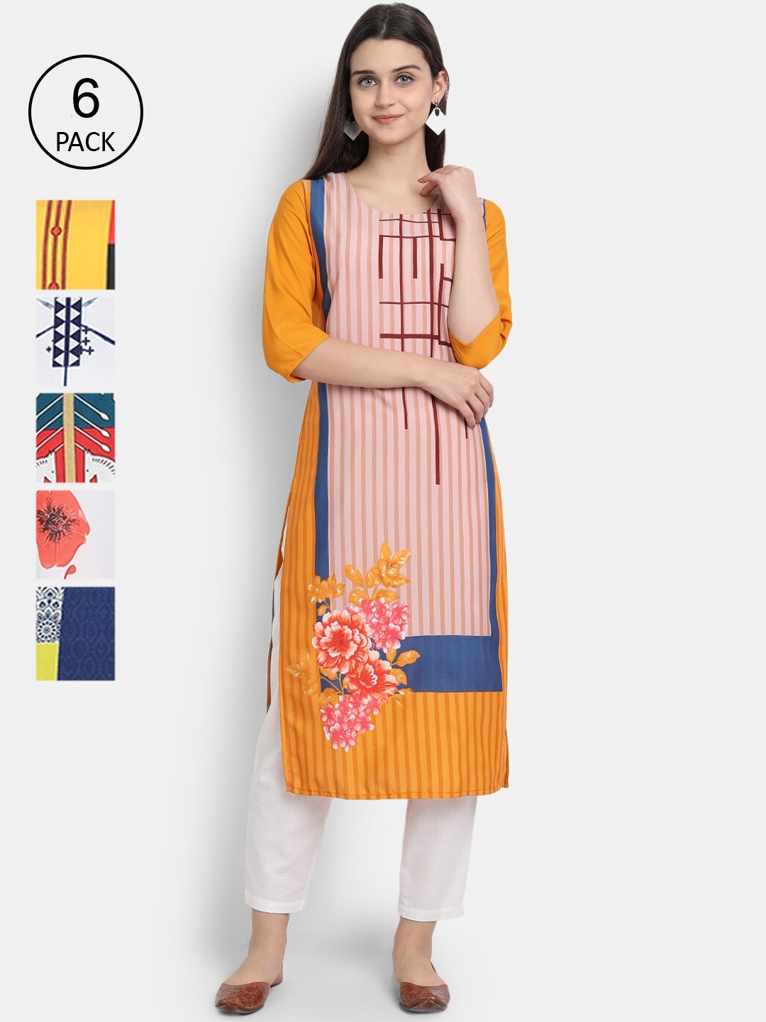 

7Threads Woman Pack of 6 Multicoloured Striped Crepe Kurta, Multi