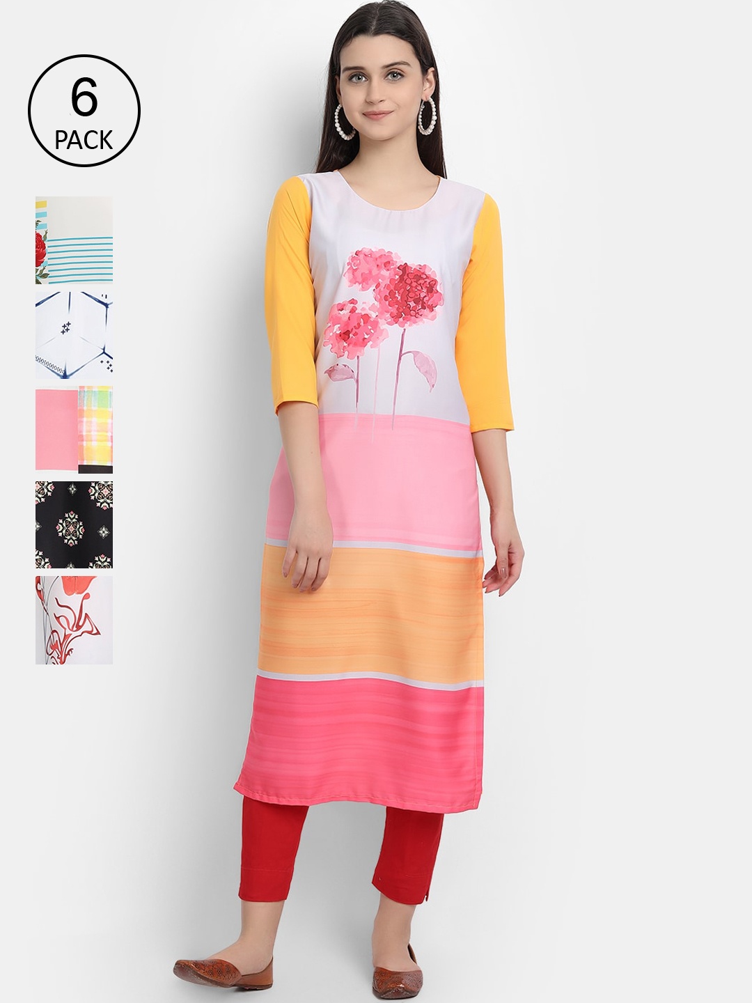 

7Threads Women Pack of 6 Printed Crepe Kurta, Multi