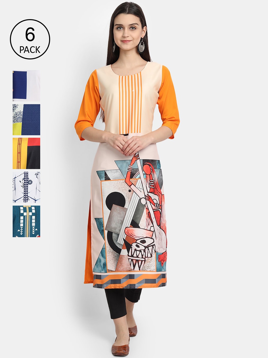 

7Threads Women Pack Of 6 Printed Crepe Kurta, Blue