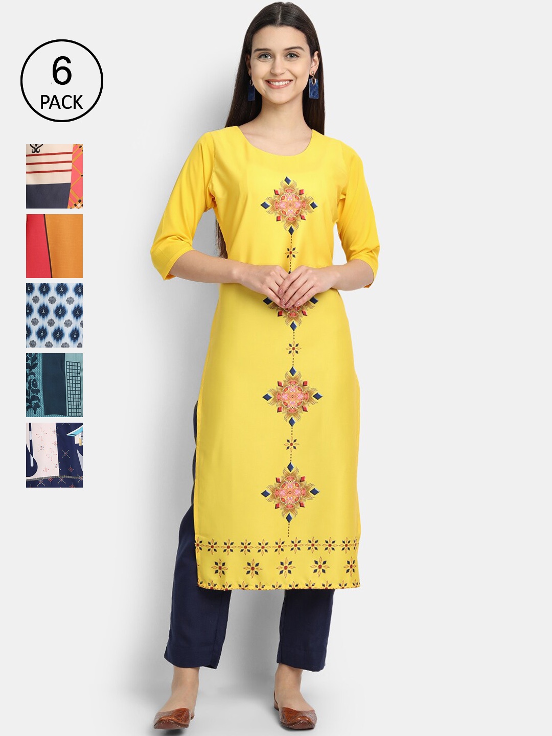 

7Threads Women Pack Of 6 Floral Printed Crepe Kurta, Yellow
