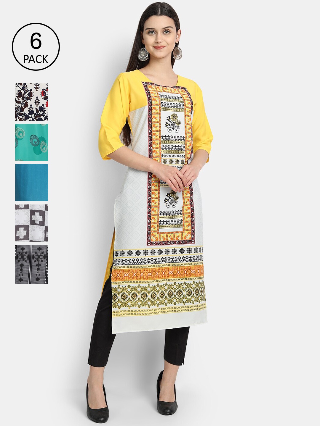 

7Threads Women Pack of 6 Ethnic Motifs Printed Crepe Kurta, Yellow