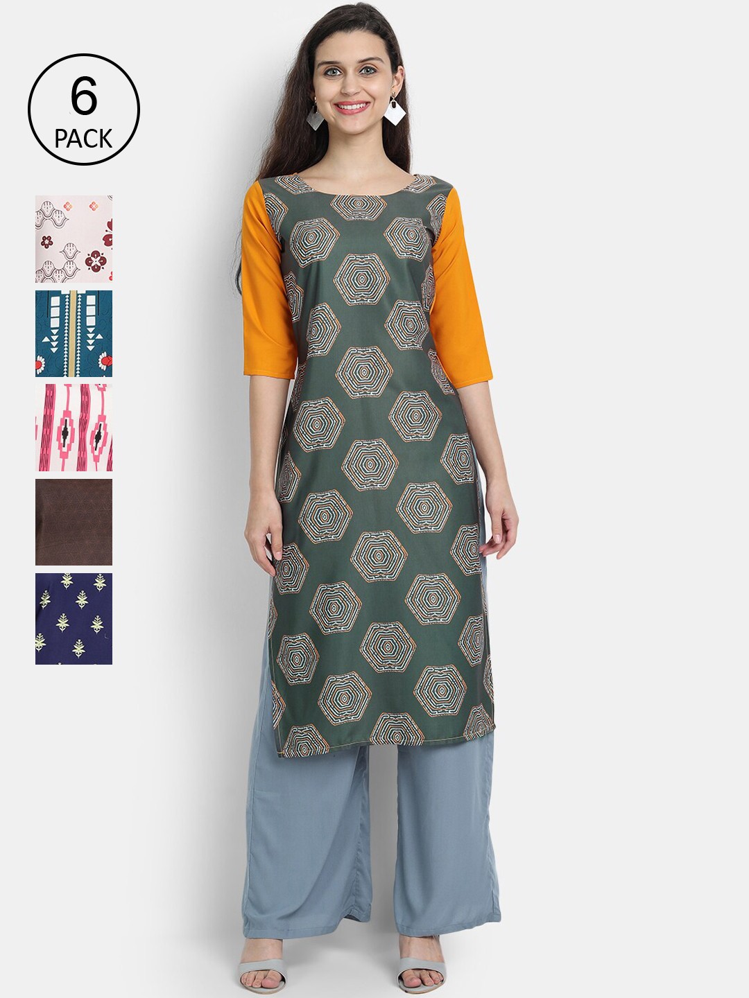 

7Threads Women Pack Of 6 Multicoloured Ethnic Motifs Printed Crepe Kurta, Multi