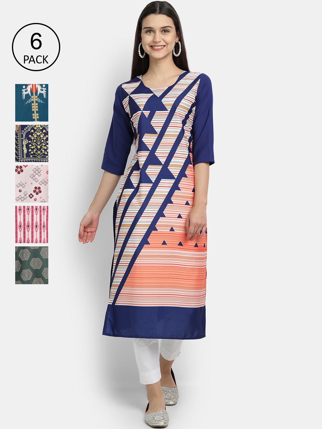 

7Threads Women Pack Of 6 Printed Crepe Kurtas, Pink
