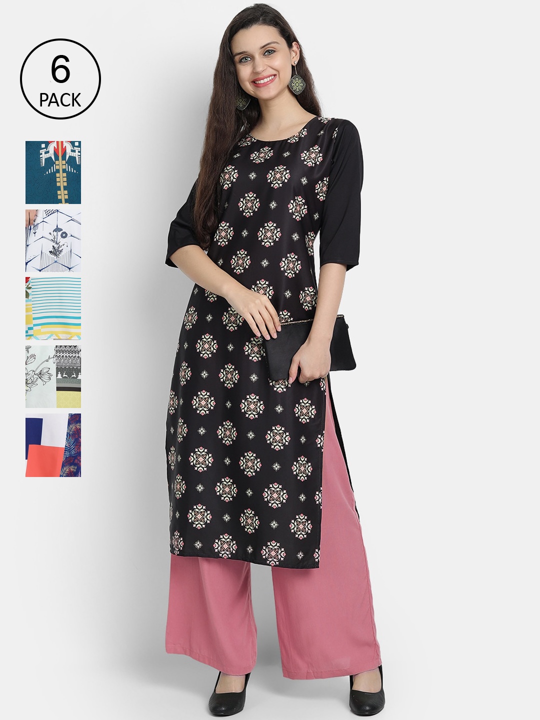 

7Threads Women Pack of 6 Printed Crepe Kurta, Multi