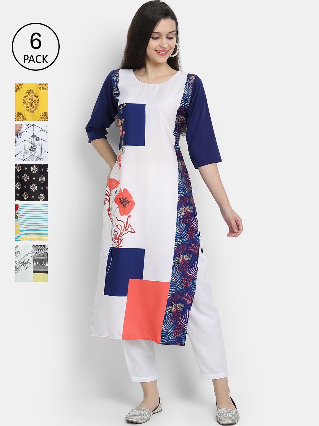

7Threads Women Pack Of 6 Printed Crepe Kurta, White
