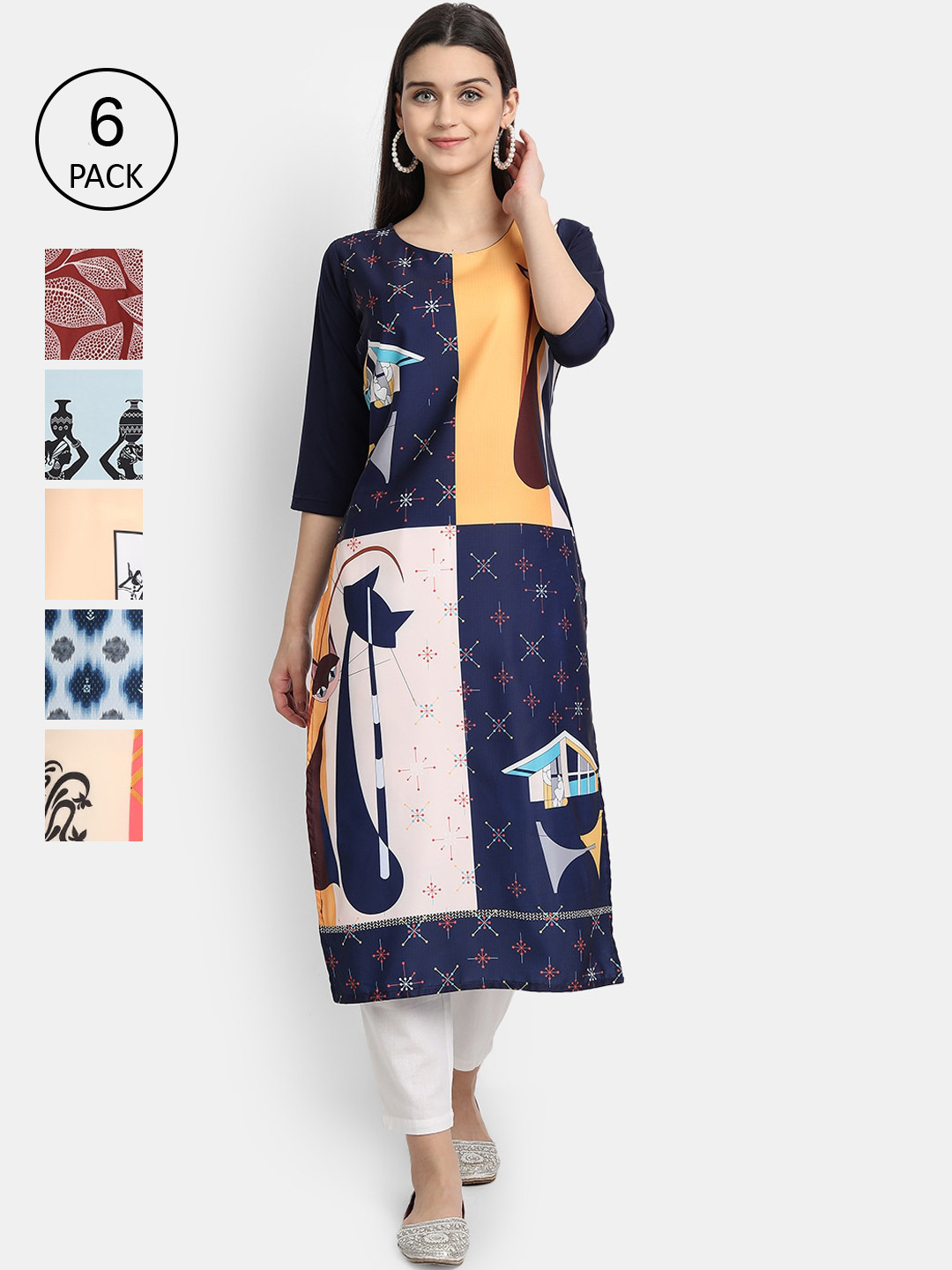 

7Threads Women Pack Of 6 Ethnic Motifs Printed Crepe Kurta, Navy blue