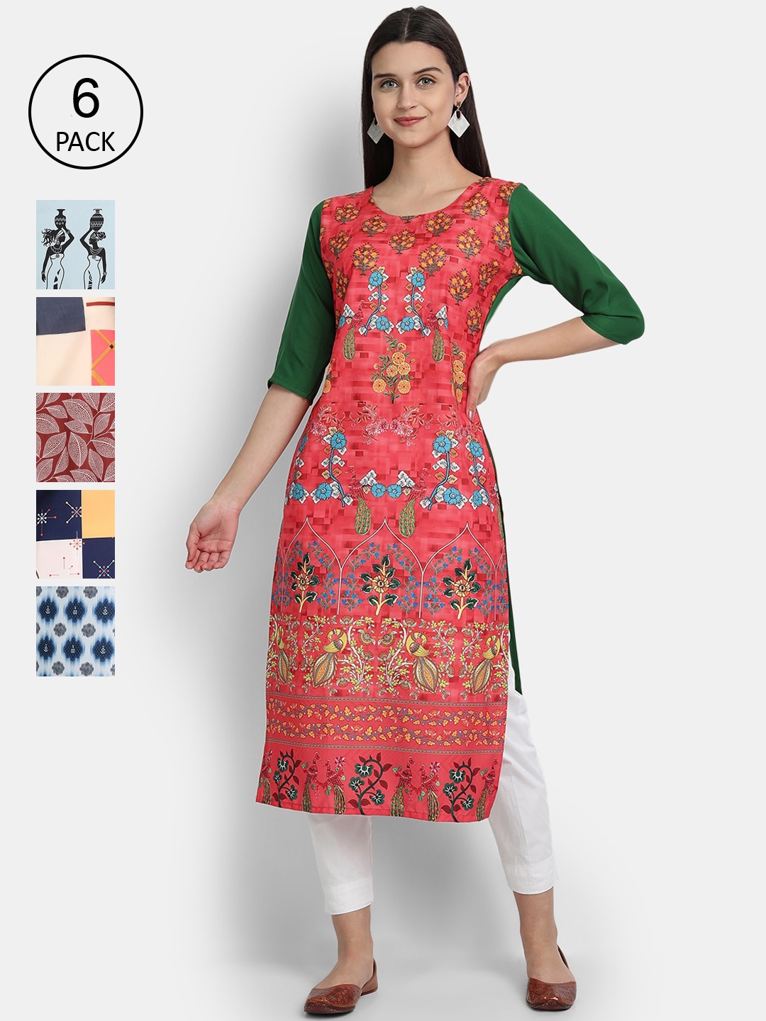 

7Threads Women Pack of 6 Ethnic Motifs Printed Crepe Kurta, Blue