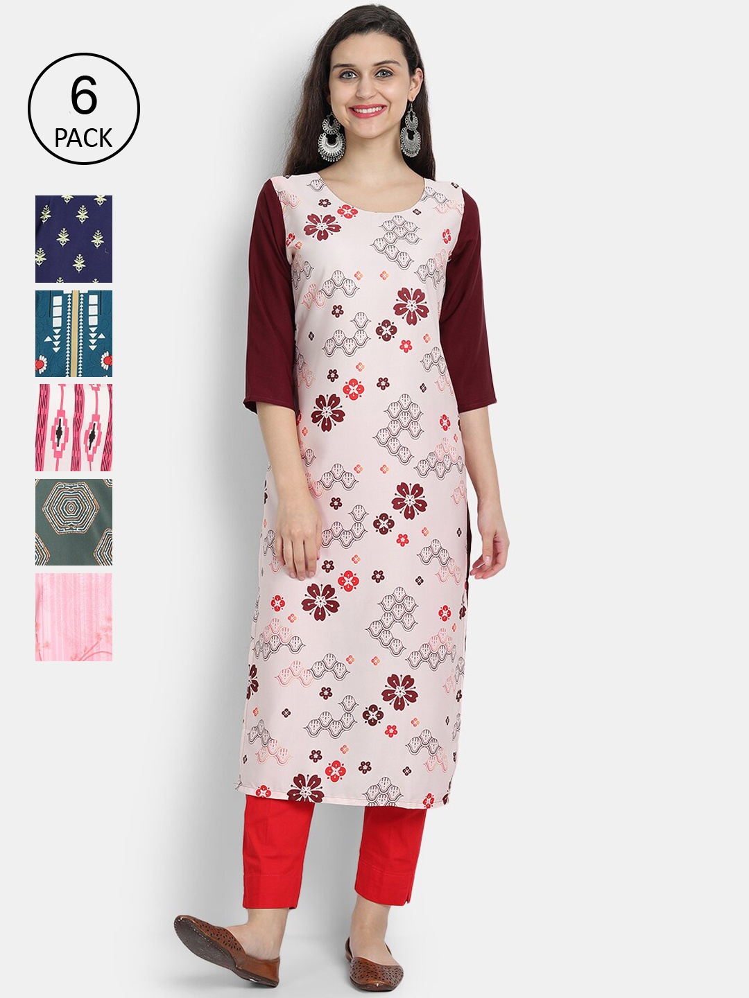 

7Threads Women Pack Of 6 Multicoloured Ethnic Motifs Printed Crepe Kurta, Multi