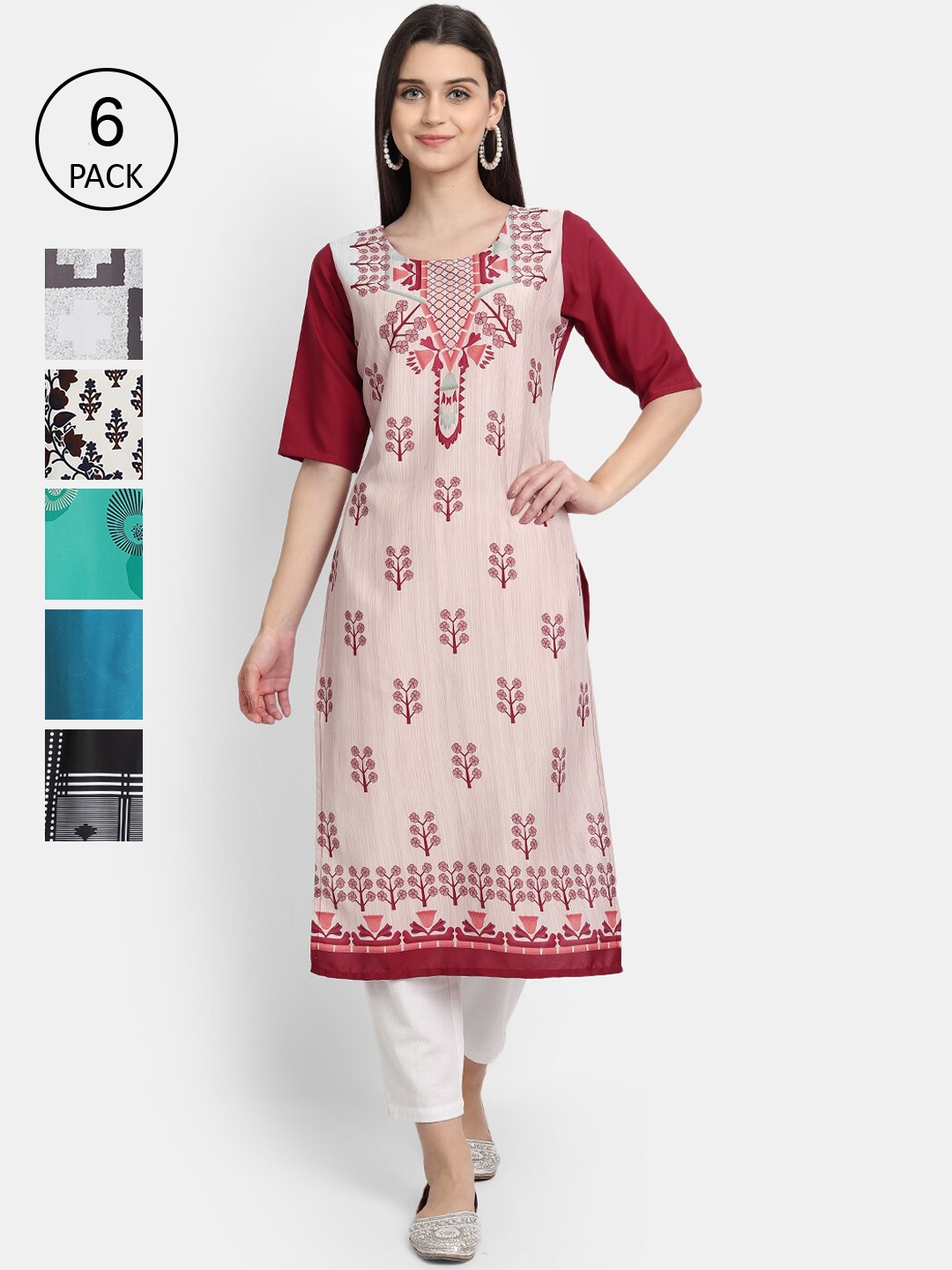 

7Threads Women Pack of 6 Printed Crepe Kurta, Multi