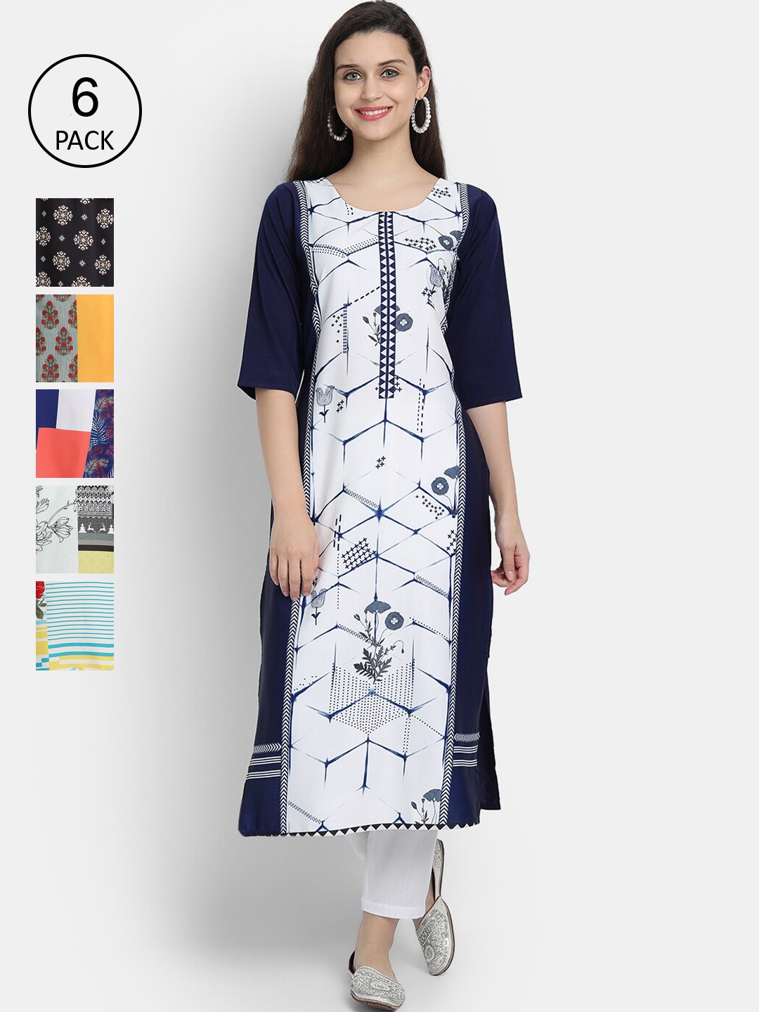 7Threads Women Pack Of 6 Ethnic Motifs Printed Crepe Kurta, White