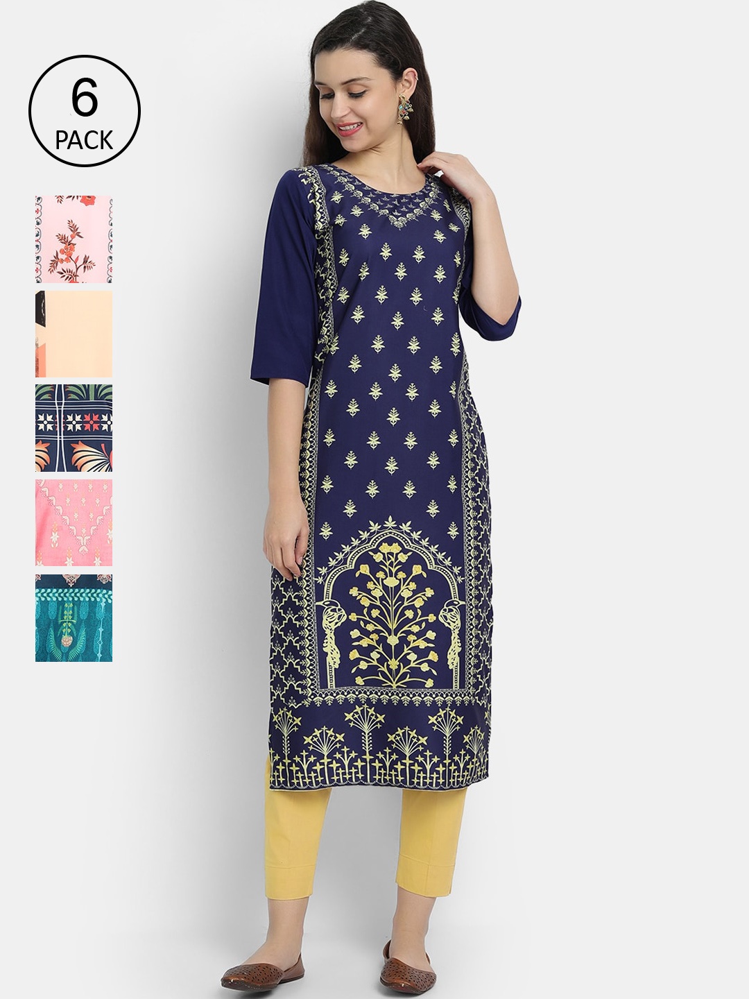 

7Threads Women Pack of 6 Ethnic Motifs Printed Crepe Kurta, Blue