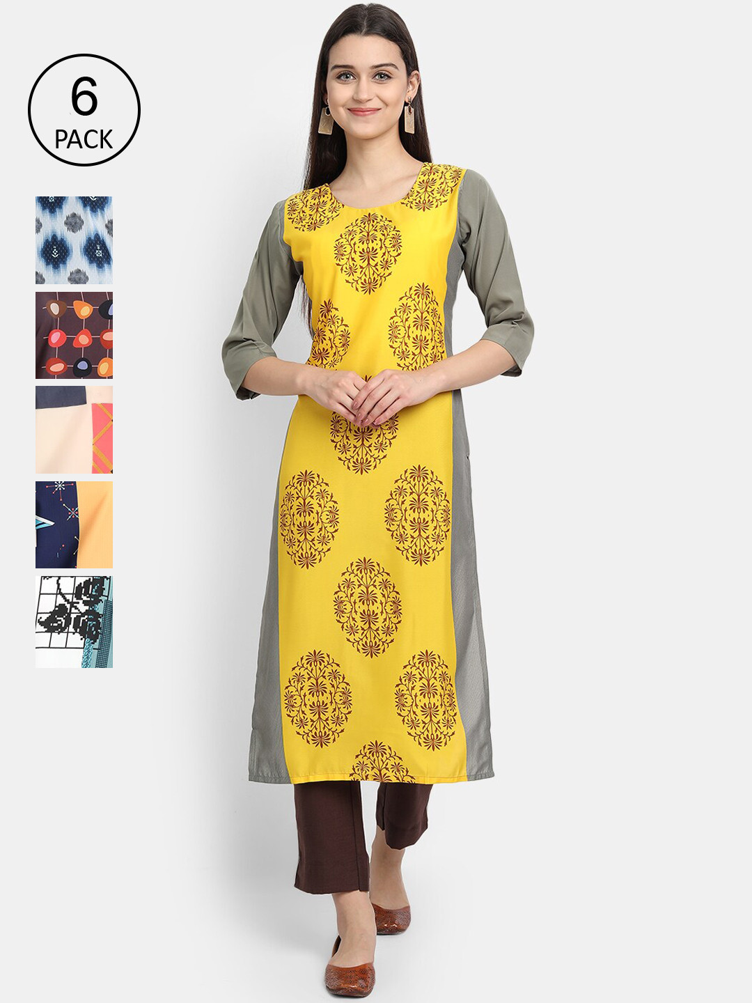 

7Threads Women Pack Of 6 Multicoloured Ethnic Motifs Printed Crepe Kurta, Multi