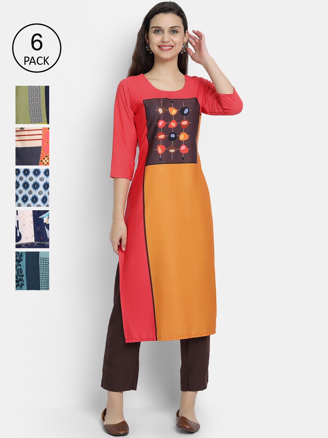 

7Threads Women Pack Of 6 Printed Crepe Kurtas, Red