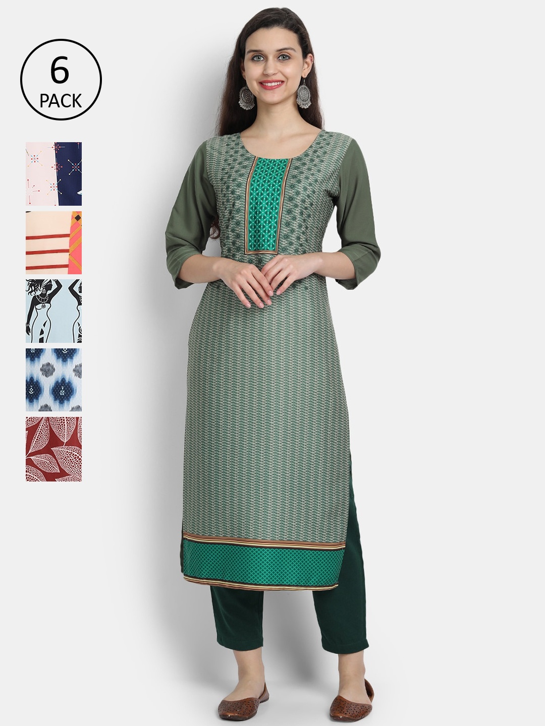 

7Threads Woman Pack of 6 Multicoloured Ethnic Motifs Printed Crepe Kurta, Multi