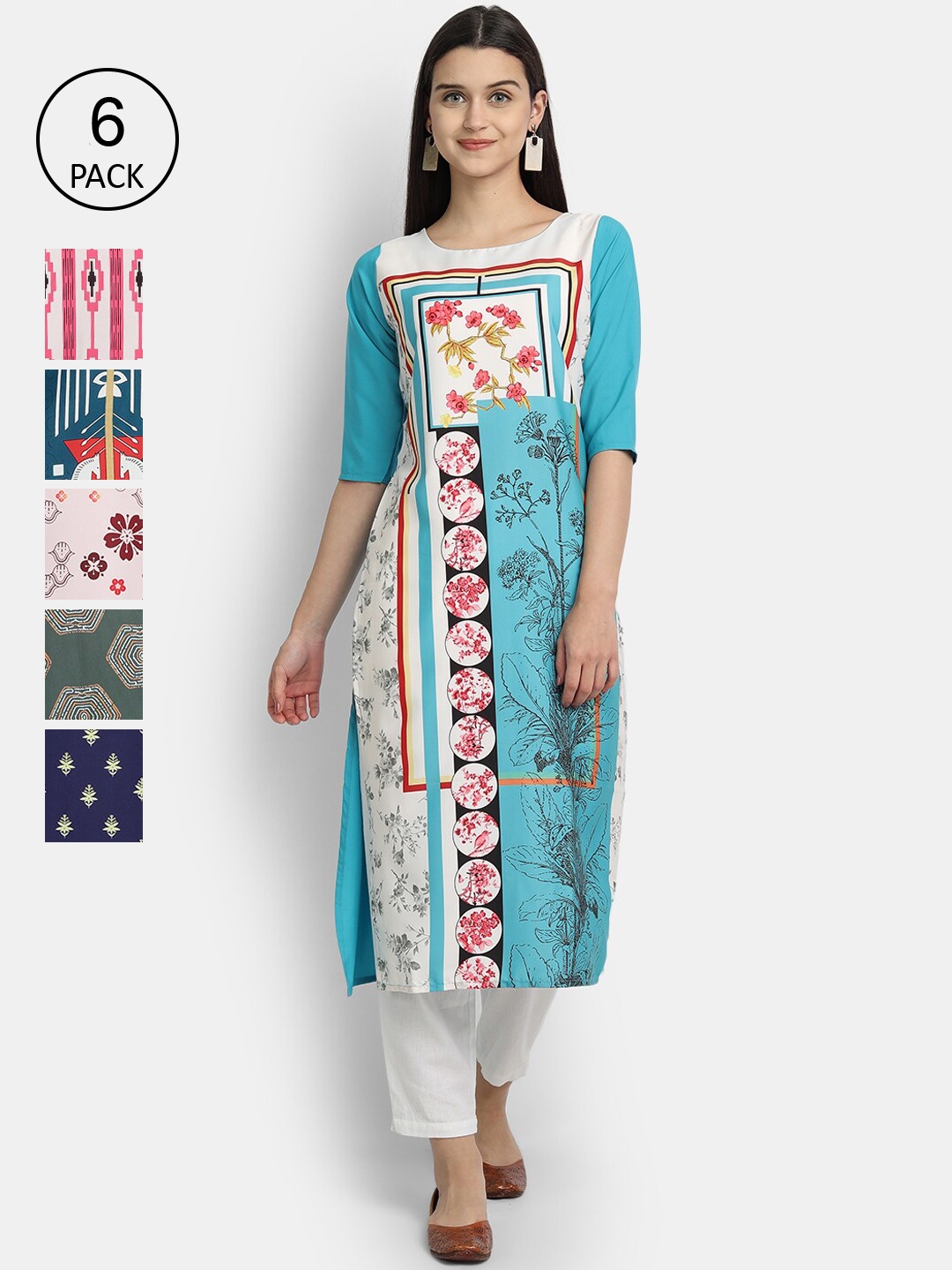 

7Threads Women Pack of 6 Printed Crepe Kurta, Multi