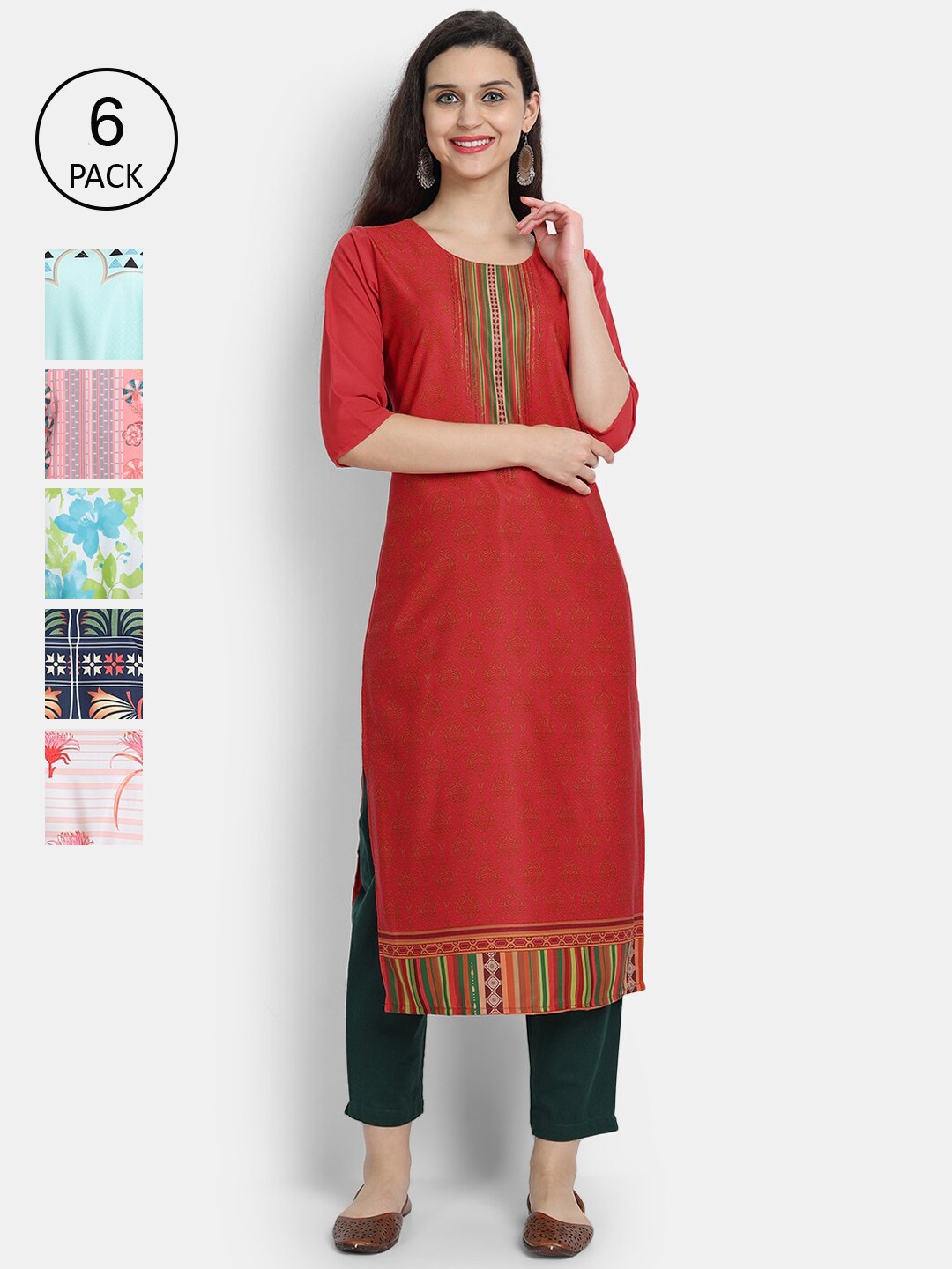 

7Threads Women Pack Of 6 Geometric Printed Patchwork Crepe Kurta, Red