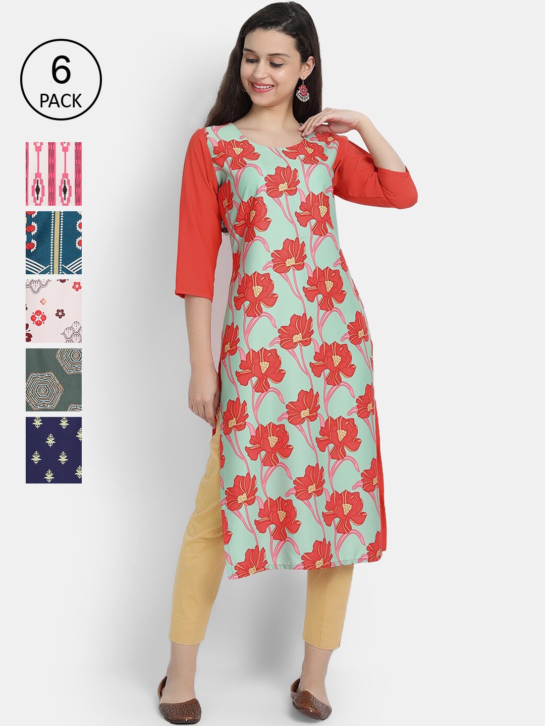 

7Threads Women Pack Of 6 Floral Printed Crepe Kurta, Green