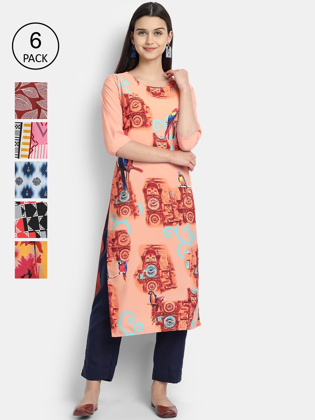 

7Threads Women Pack of 6 Ethnic Motifs Printed Crepe Kurta, Pink