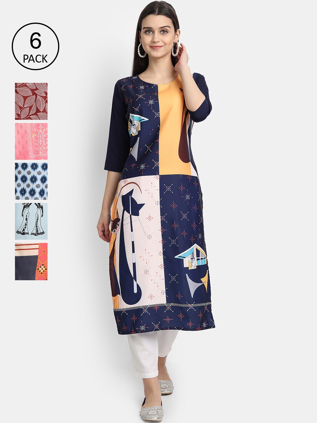 

7Threads Women Pack of 6 Multicoloured Printed Crepe Straight Kurta, Multi