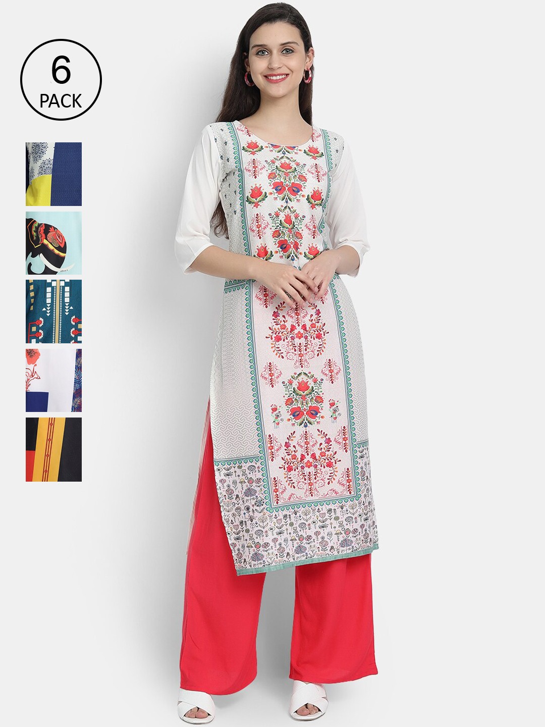 

7Threads Woman Pack of 6 Multicoloured Ethnic Motifs Printed Crepe Kurta, Multi