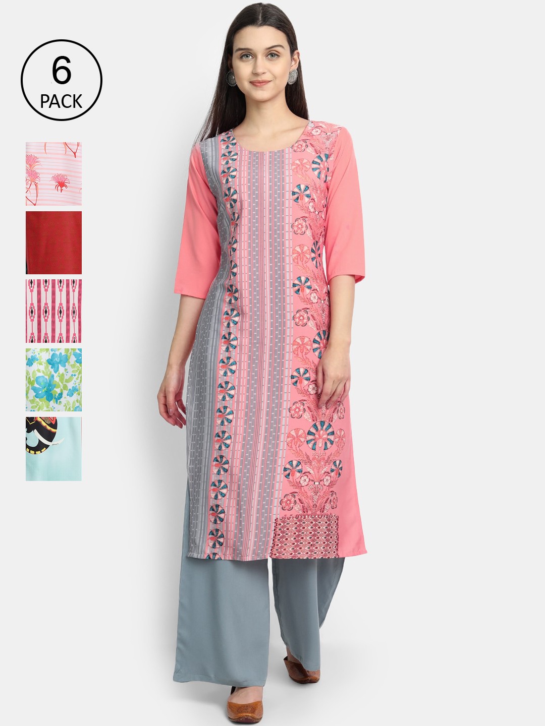 

7Threads Women Pack of 6 Printed Crepe Kurta, Multi