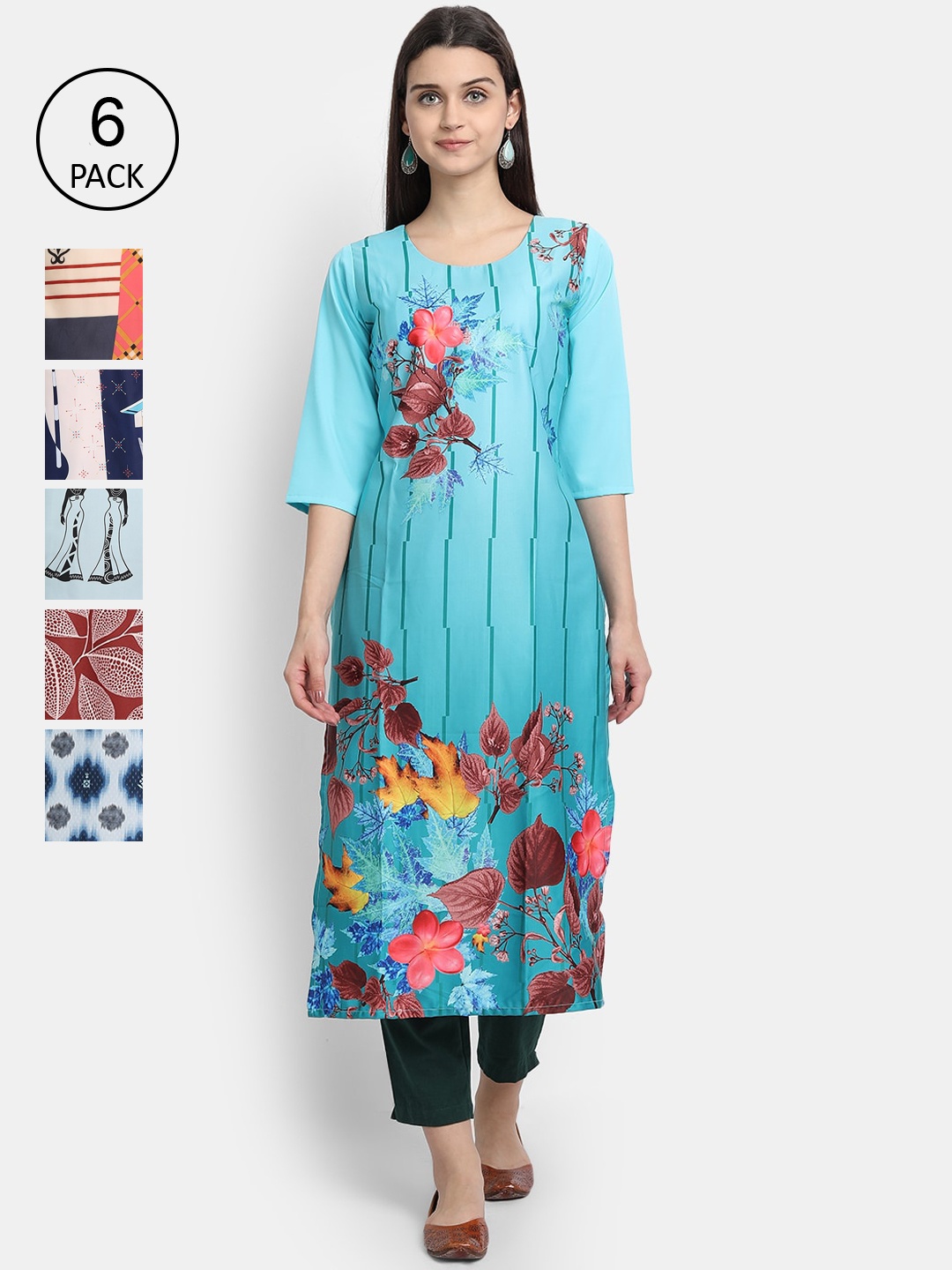

7Threads Women Pack Of 6 Floral Printed Crepe Kurta, Blue
