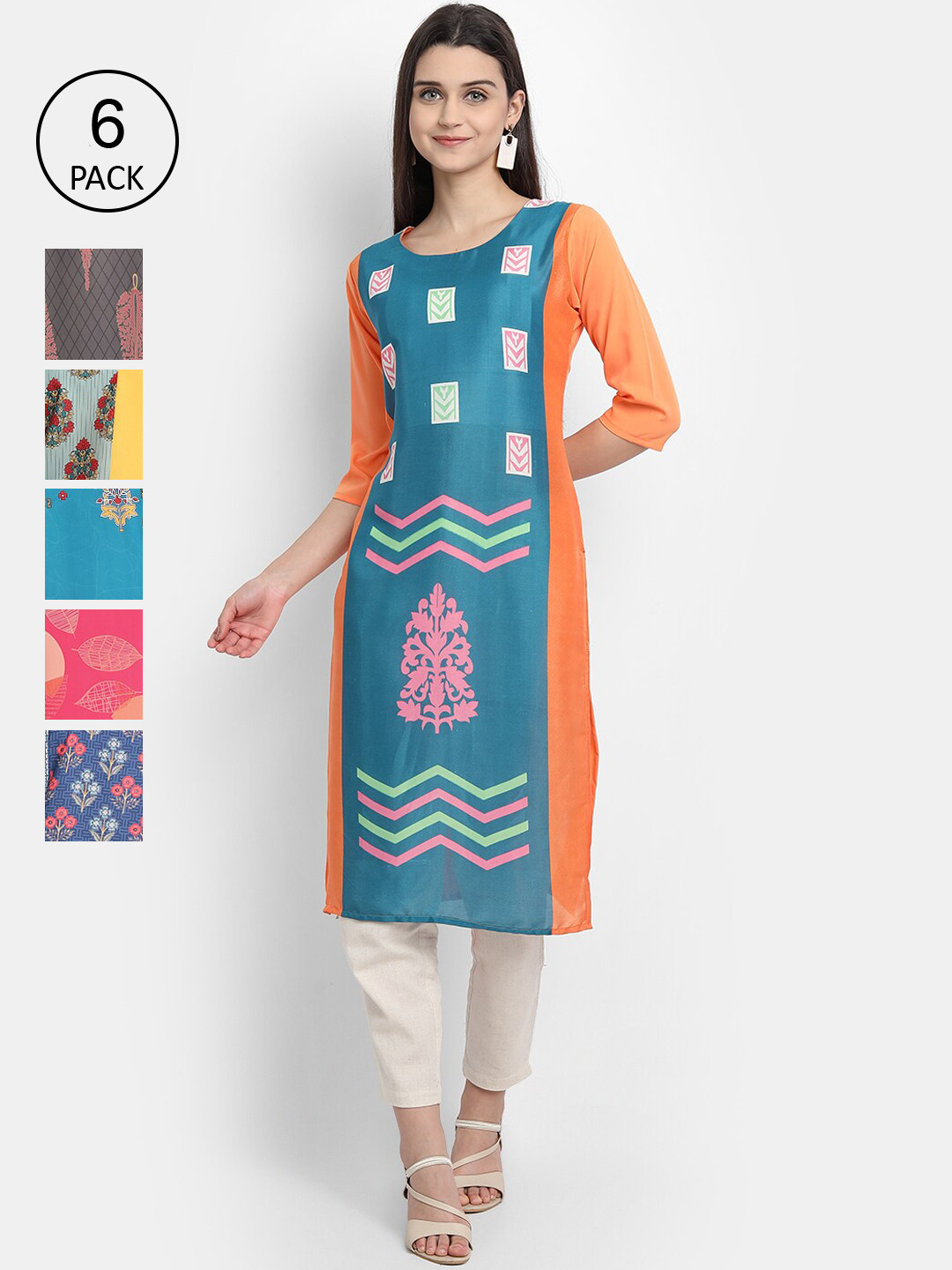 

7Threads Women Pack of 6 Ethnic Motifs Printed Crepe Kurta, Blue