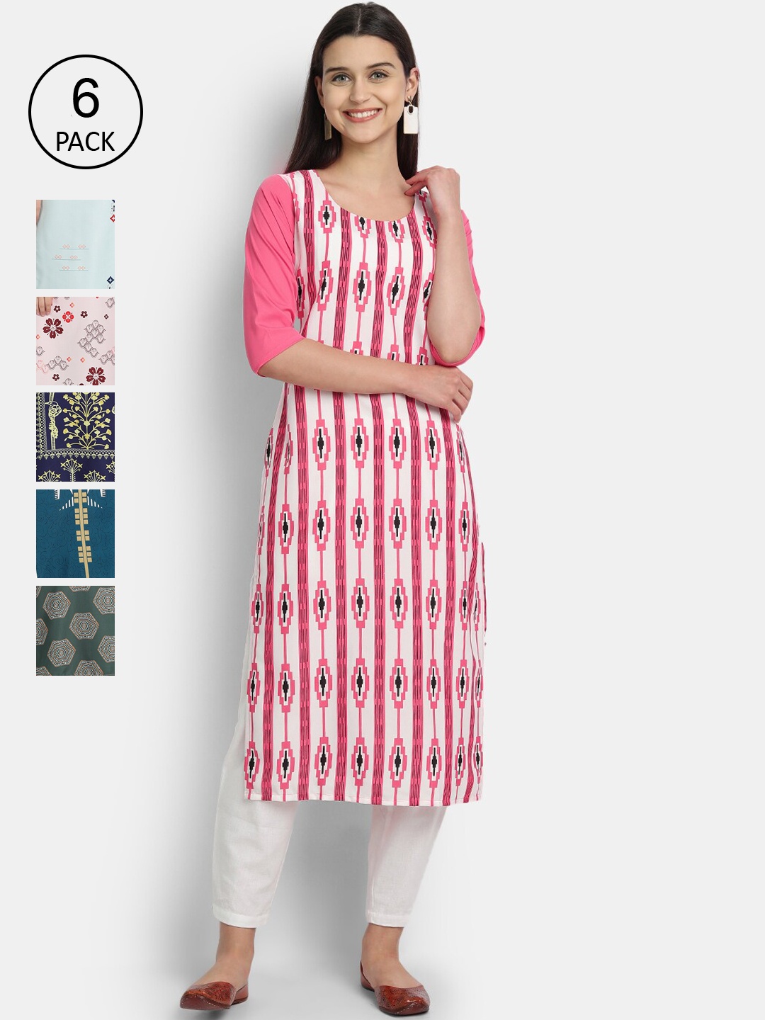 

7Threads Women Pack Of 6 Multicoloured Floral Printed Crepe Kurta, Multi