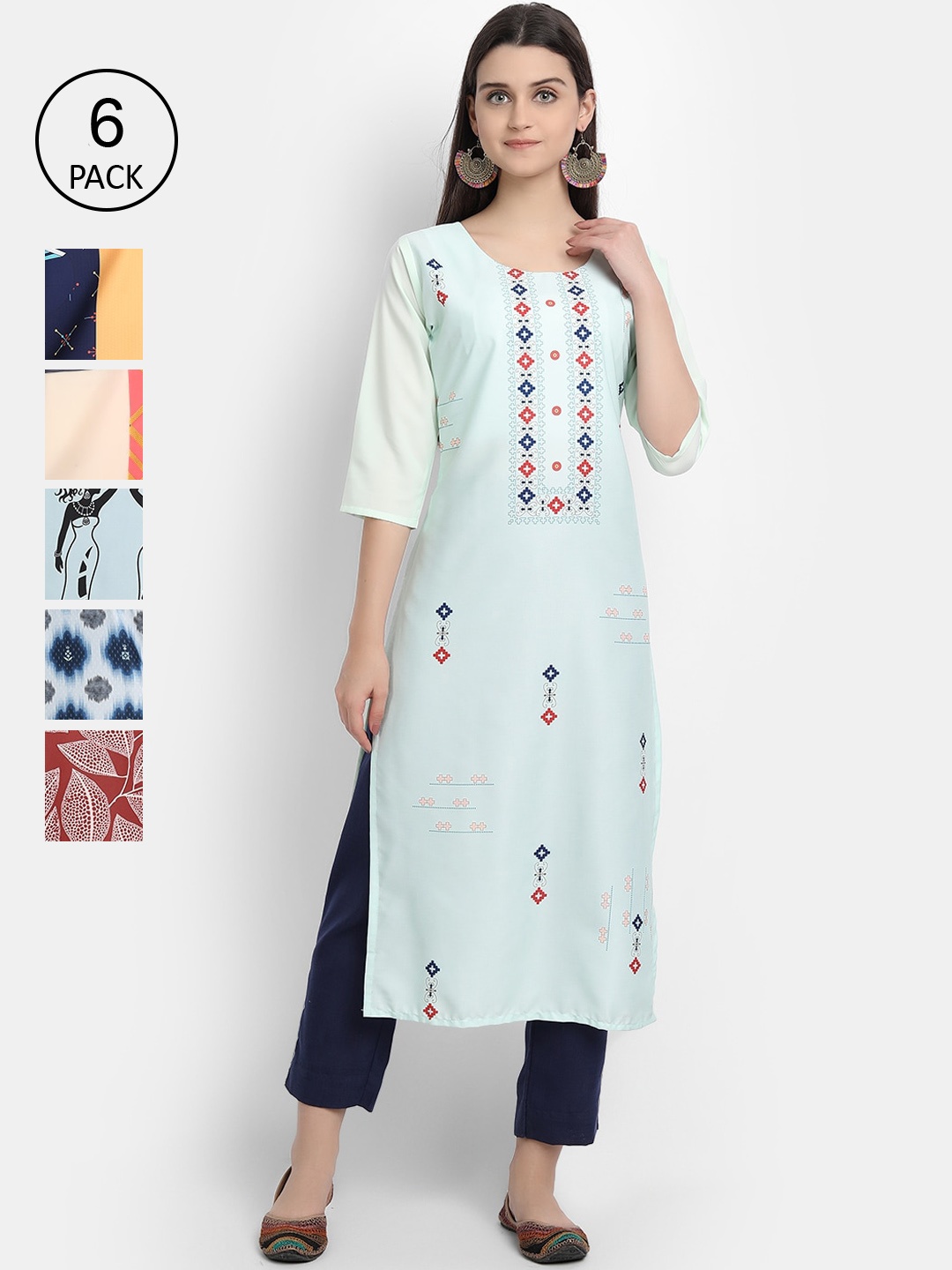 

7Threads Women Pack Of 6 Printed Crepe Kurtas, Blue
