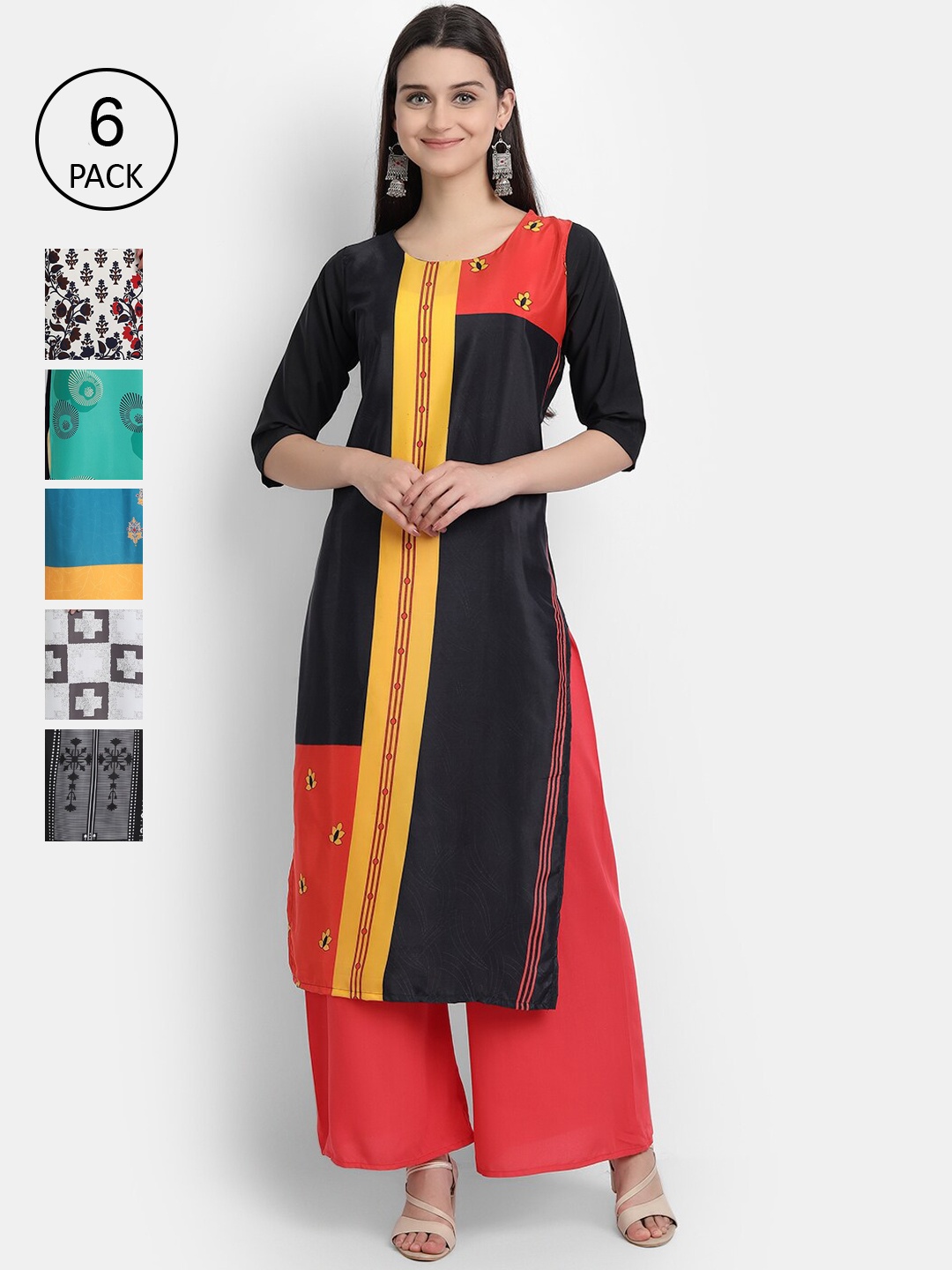 

7Threads Women Pack of 6 Multicoloured Printed Crepe Straight Kurtas, Multi