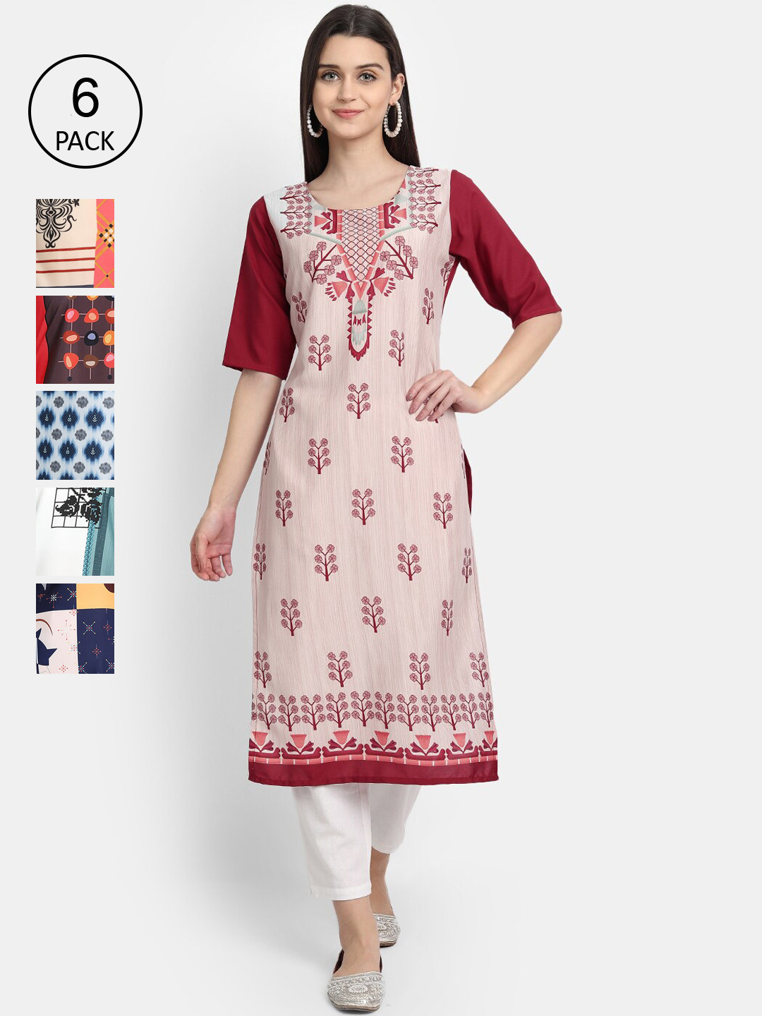

7Threads Woman Pack of 6 Multicoloured Ethnic Motifs Printed Crepe Kurta, Multi