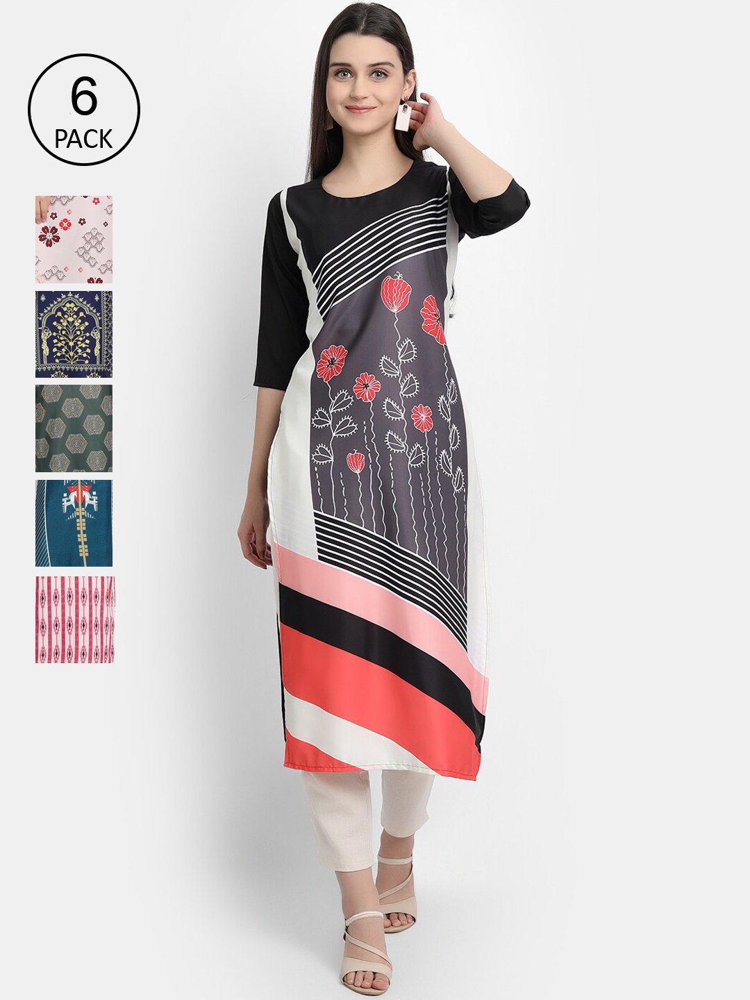 

7Threads Women Pack of 6 Printed Crepe Kurta, Multi