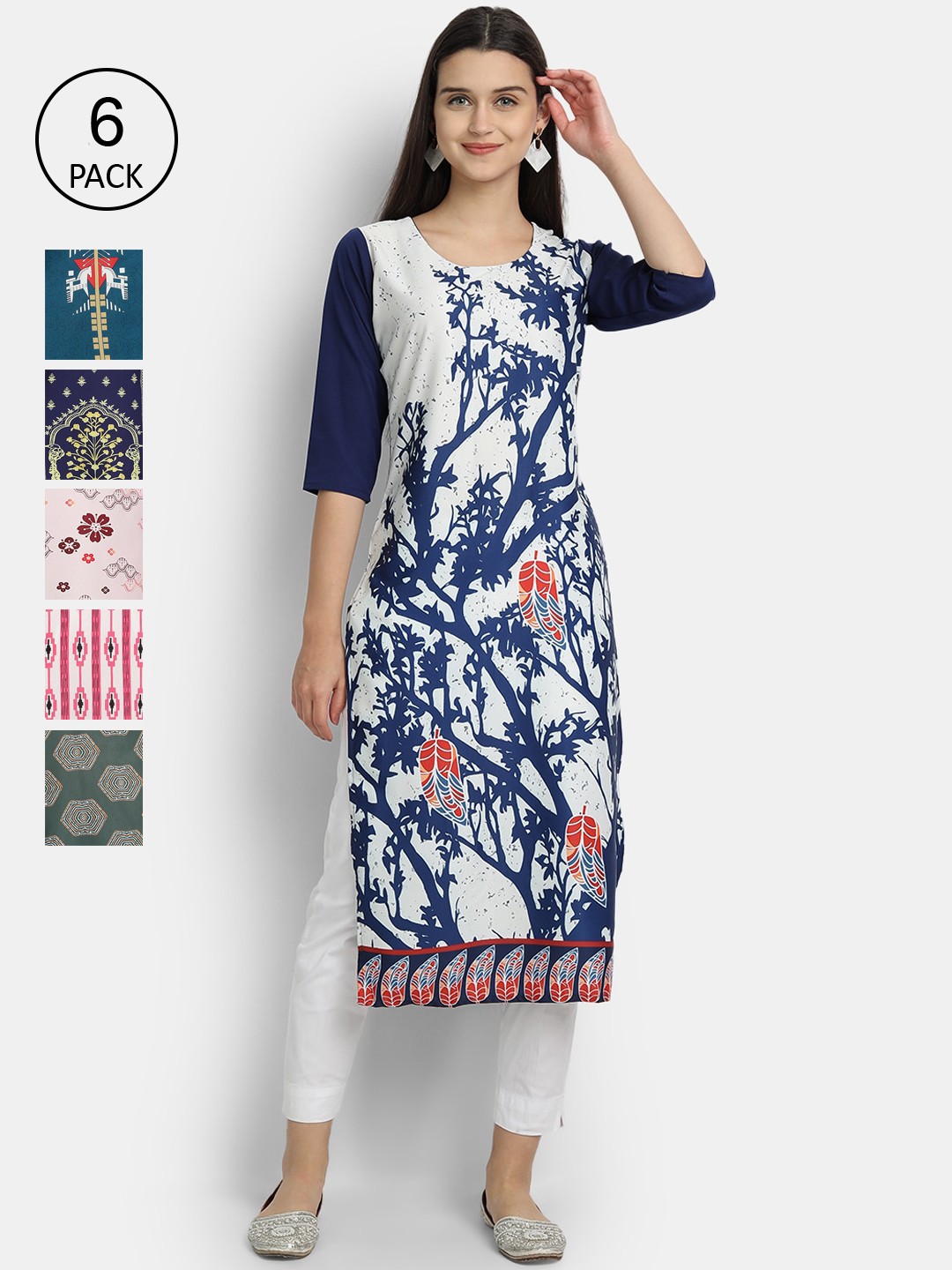 

7Threads Women Pack Of 6 Floral Printed Crepe Kurta, White