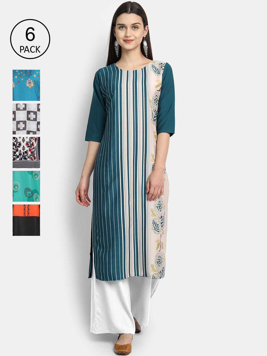 

7Threads Women Pack of 6 Ethnic Motifs Printed Crepe Kurta, Blue