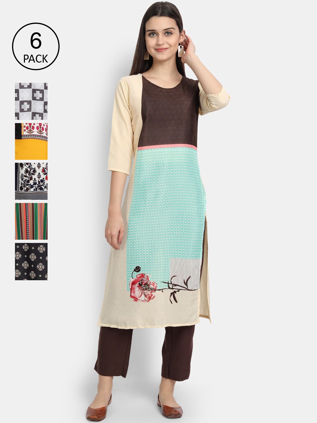 

7Threads Women Pack Of 6 Printed Crepe Kurtas, Blue