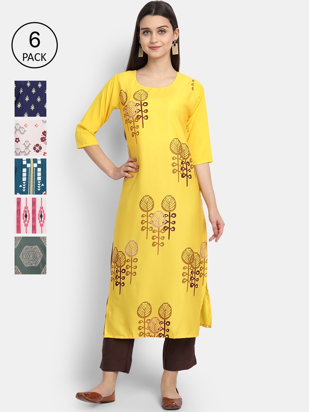 

7Threads Women Pack of 6 Multicoloured Printed Crepe Straight Kurtas, Multi