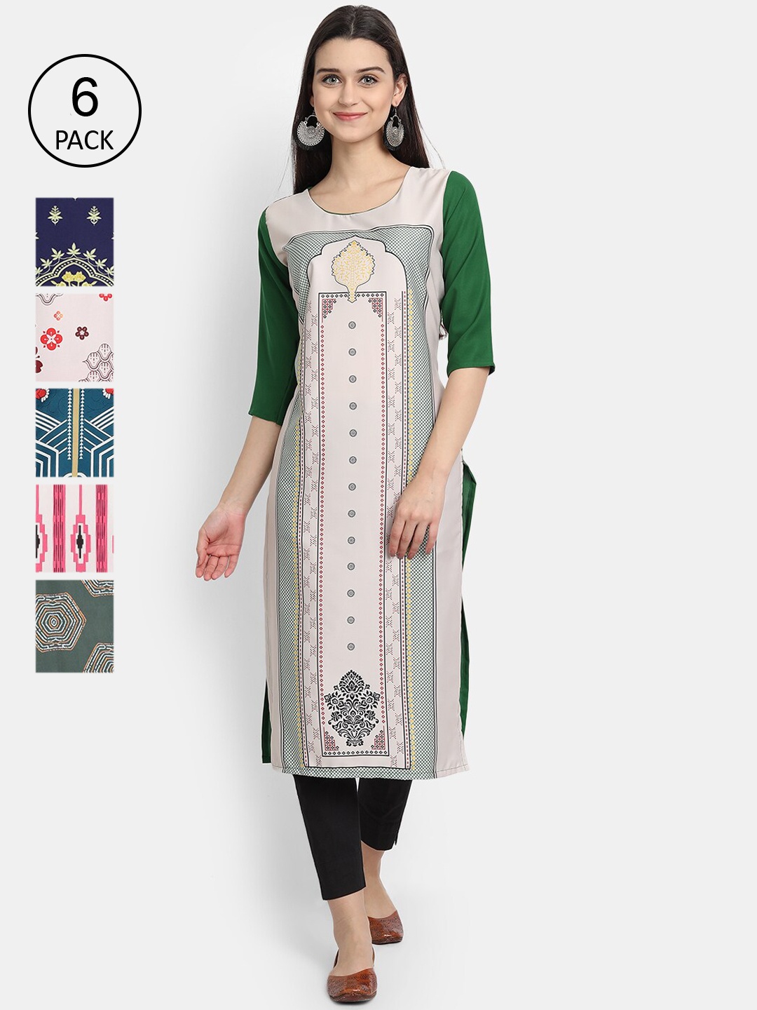 

7Threads Woman Pack of 6 Multicoloured Ethnic Motifs Printed Crepe Kurta, Multi