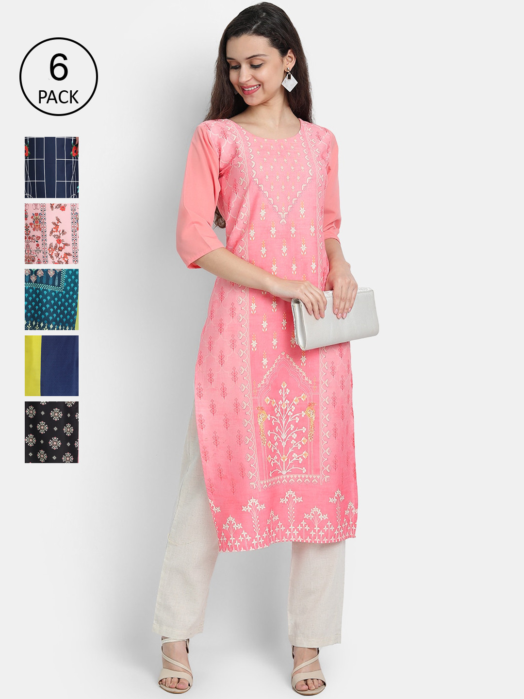 

7Threads Women Pack of 6 Printed Crepe Kurta, Multi