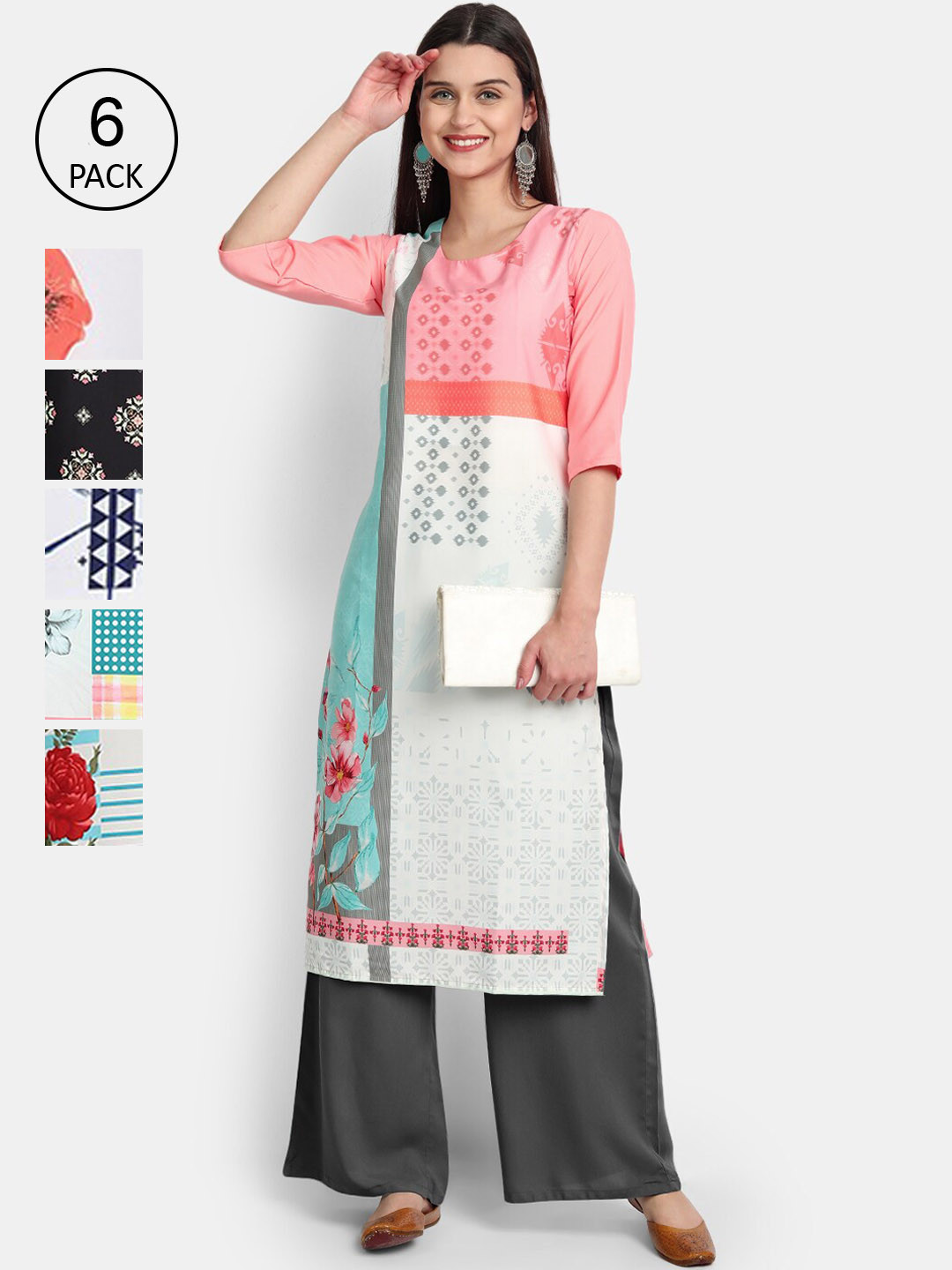 

7Threads Women Pack Of 6 Printed Crepe Kurta, Pink