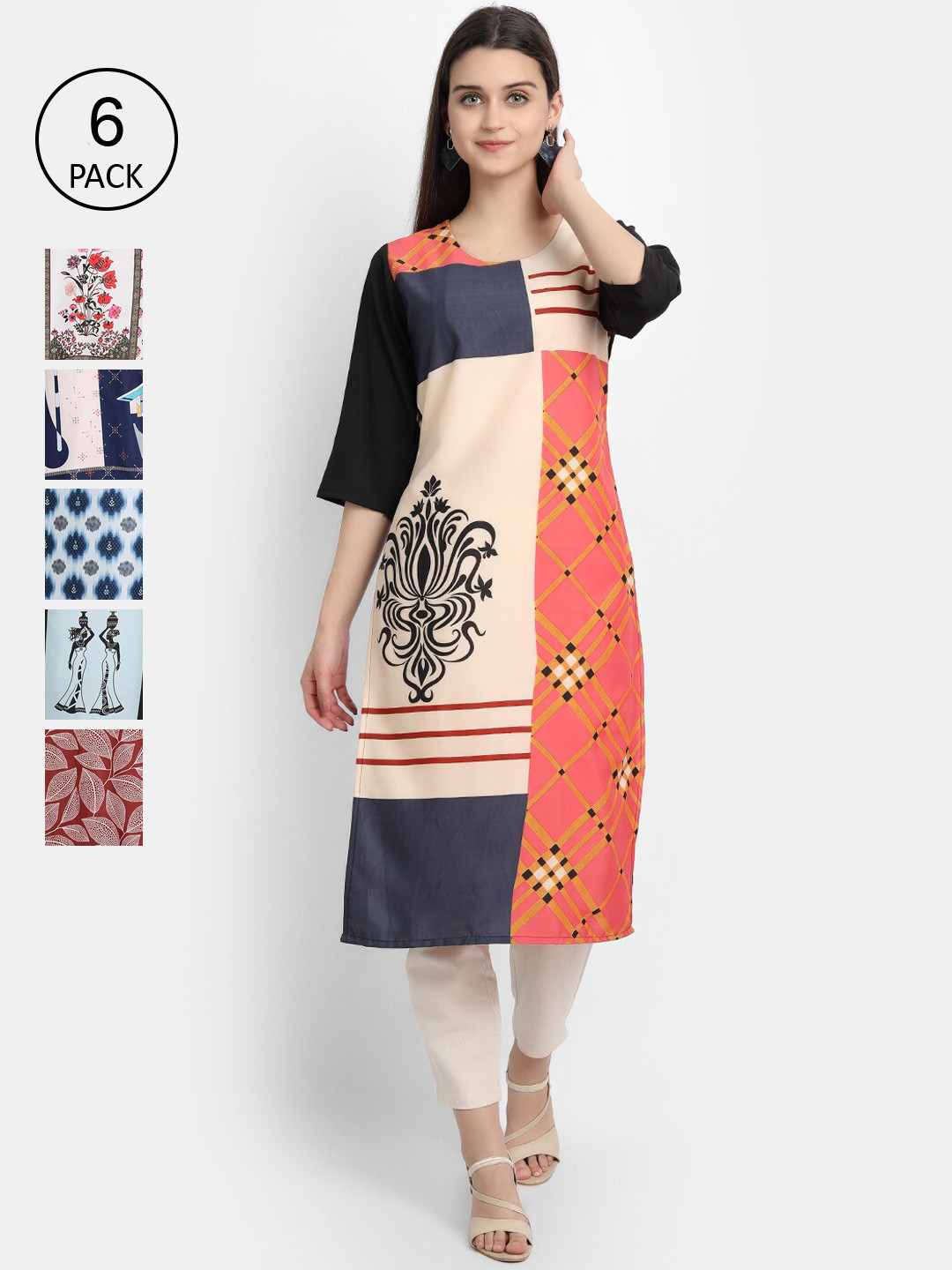 

7Threads Women Pack Of 6 Floral Printed Crepe Kurta, Blue