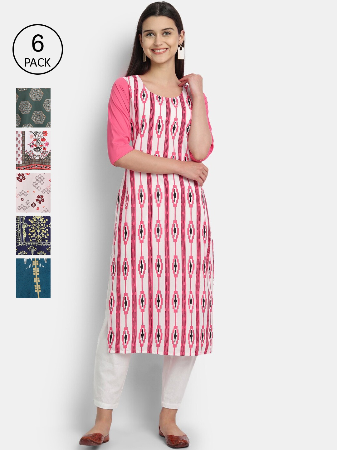 

7Threads Women Pack of 6 Floral Printed Crepe Kurta, Pink