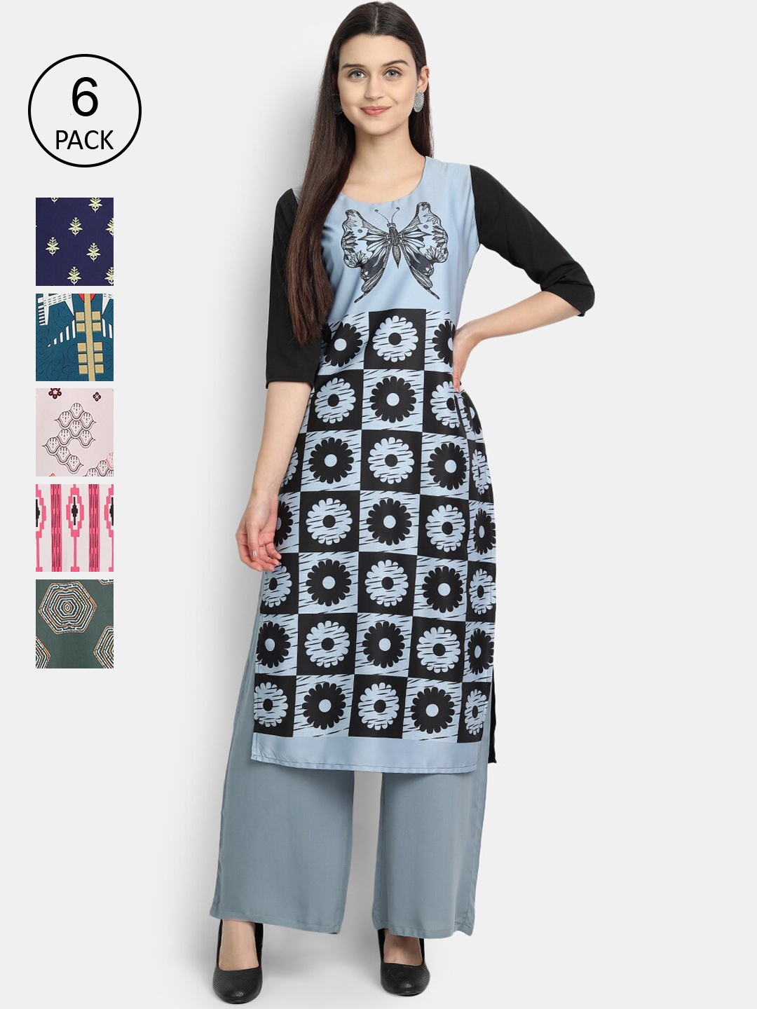 

7Threads Women Pack of 6 Multicoloured Printed Crepe Straight Kurtas, Multi