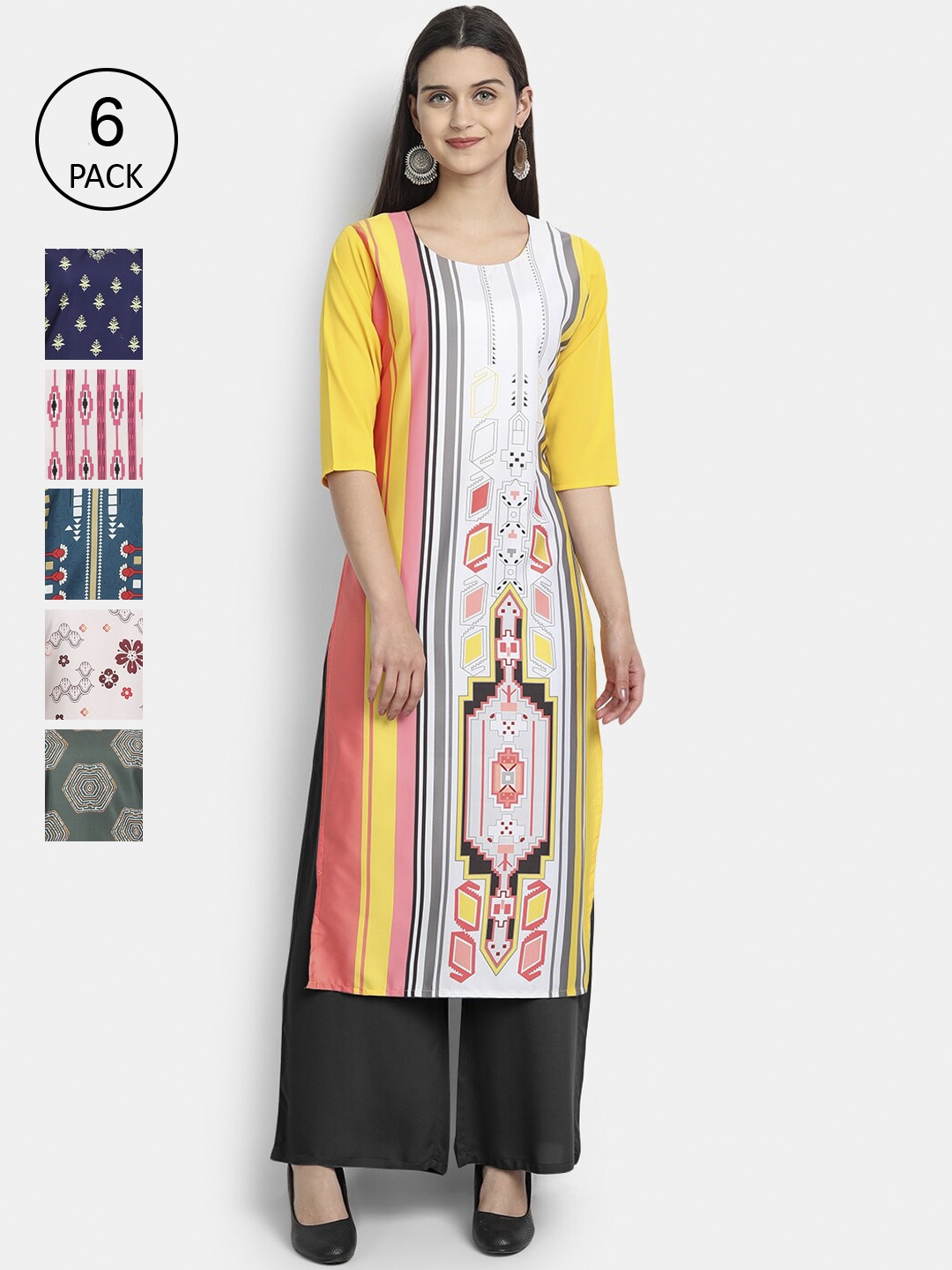 

7Threads Women Pack of 6 Printed Crepe Kurta, Multi